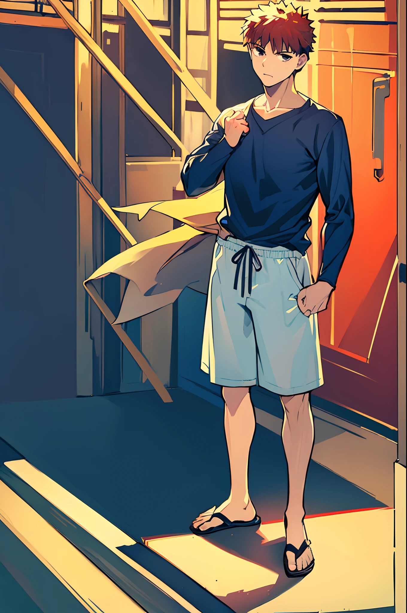 (masterpiece, best quality:1.2), cowboy shot, solo, male focus, 1boy, emiya shirou, expressionless, closed mouth, looking at viewer, hand in pocket, shirt, pants, flipflops,, flying swords