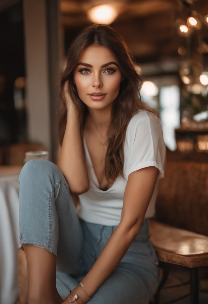 Arafed woman in white T-shirt and necklace, Meals in the restaurant, sexy girl with green eyes, portrait sophie mudd, brown hair and large eyes, selfie of a young woman, bedroom eyes, violet myers, no makeup, natural makeup, looking straight at camera, face with artgram, fine makeup, Stunning full-length shot, Piercing green eyes, beautiful angle, attractive pose, Sweet girl, sexy pose, full length image, full - body, shooting full body, Brunette goddess, high detail, Satisfied posture, in a gray skirt and boots, upskirt, knee boots