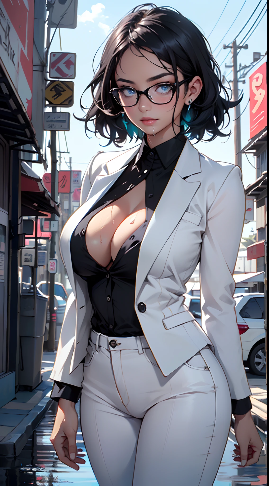 cute girl,(((1girl))),((girl with extremely cute and beautiful black hair)),
(large breasts:1.4),(((black hair:1.35,colored inner hair,ear breathing,large hair,tomboy haircut))),(((blue_eyes:1.3))),intricate eyes,beautiful detailed eyes,symmetrical eyes,((fat)),((lustrous skin:1.5,bright skin: 1.5,skin tanned,shiny skin,very shiny skin,shiny body,plastic glitter skin,exaggerated shiny skin,illuminated skin,wet legs))),(spider lower abdomen,narrow waist,wide hip,athletic body,inflated legs,detailed body,(detailed face)),
cute,slutty,seductive,erotic,(((nsfw))),
((((glasses)))),(((wearing white formal blazer,black formal pants,))),(((huge cleavage))),((wet clothes,intricate outfit,intricate clothes)),
(dynamic pose:1.0),solo focus,embarrassed,(centered,scale to fit dimensions,Rule of thirds),
cyberpunk city by the ocean at night, with bright neon signs and dark stormy clouds and puddles, scenery:1.25,
artistic photography,(photography taken by sldr),highres, sharp focus, (ultra detailed, extremely detailed), (photorealistic artwork:1.37),(extremely detailed CG unity 8k wallpaper),((synthwave background theme)),(((vibrant colors))),(intricate background),(masterpiece),(best quality)