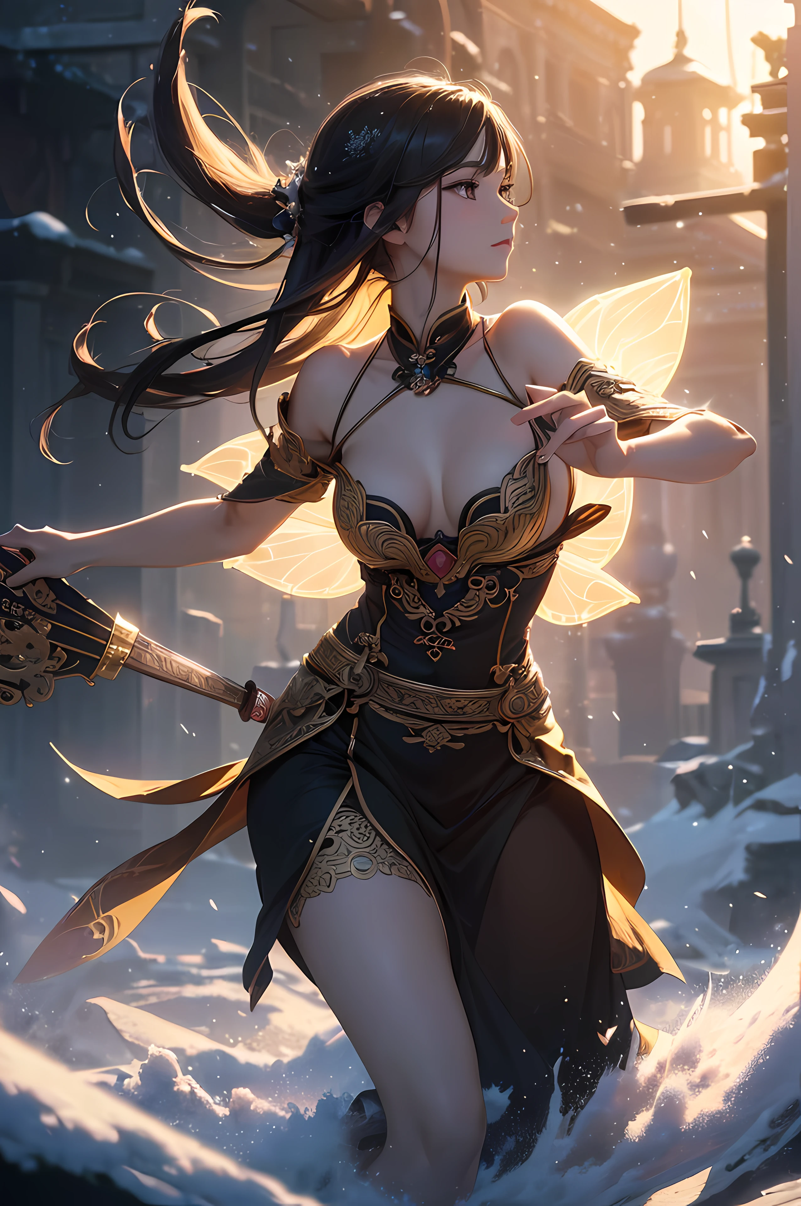 ((Highest quality)), ((outstanding detail)), ((super high resolution: 3.5)), (fidelity: 1.4), ((best illustration, favor details, perfect detail rendering, ultra HD, masterpiece, ultra high res)), (photorealistic:1.5), realistic oil art, raw photo, perfect brightness and darkness, light ray, perfect balance, smooth color transition, full body frame, shining light, perfect color layer, perfect color blur, perfect lighting, movement motion, photo manipulation, fantastical scenes, digital artistry, striking visuals , kinetic art, dynamic motion, captivating visuals, , warm soft lighting effect, (sparks:0.7), extremely detailed, (beautiful detailed glow), lens flare, backlighting, absurdres, (beautiful light effect), ((This woman is a golden elixir cultivator among several people. She has an extremely beautiful face and graceful figure. She has a mini guqin on her snow-white neck. She has a misty breath, just like a fairy.
))