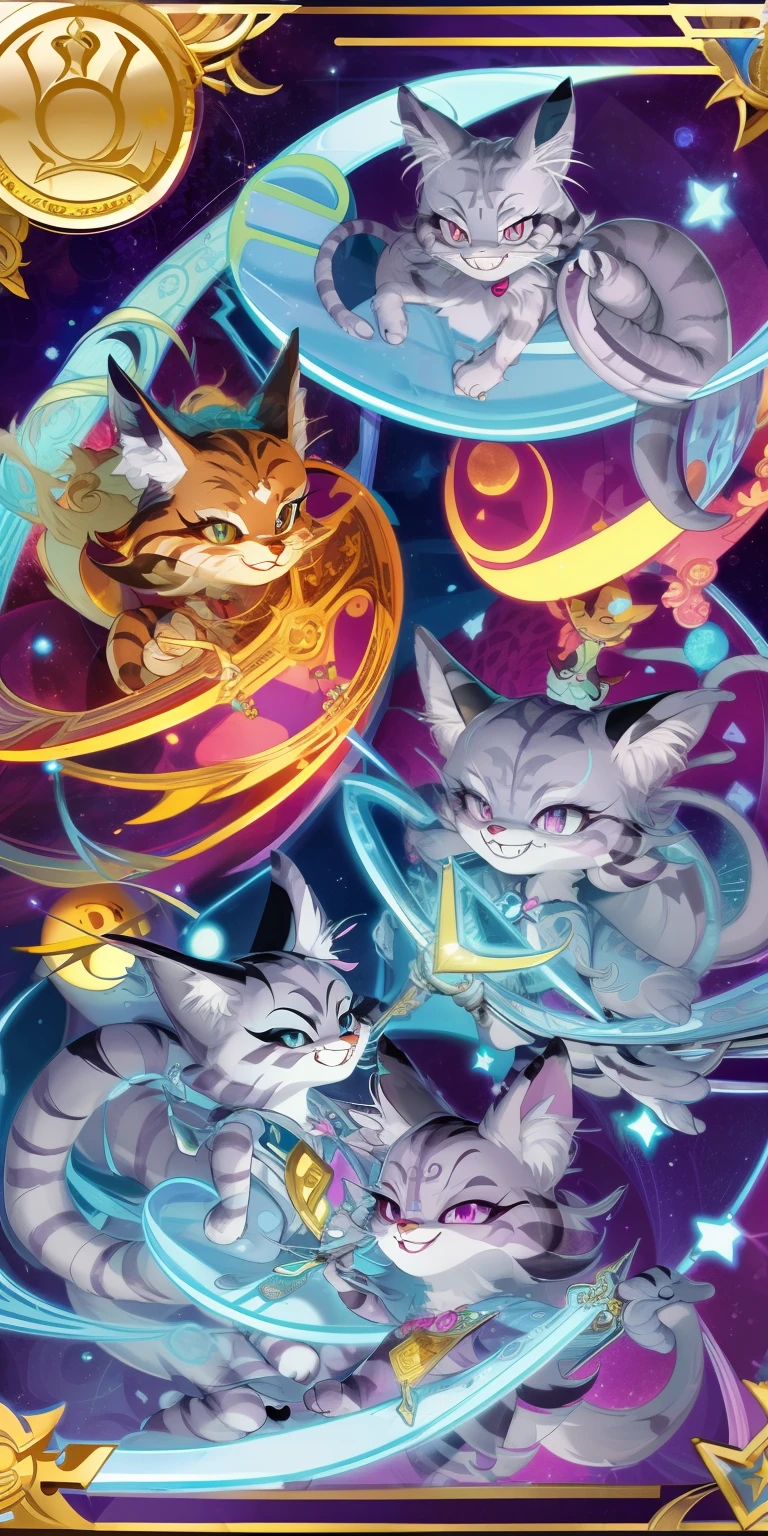 top quality, best quality,, Geometric pattern like squares circles and triangles, vector-art, High-quality illustration masterpiece( furry Cheshire_cat, bright smile anthro)tarot theme, Renaissance art style. Use sun's, stars, moons, and swords. 2 swords with the Cheshire. Big bright smile. Shining swords. Cosmic. Card.