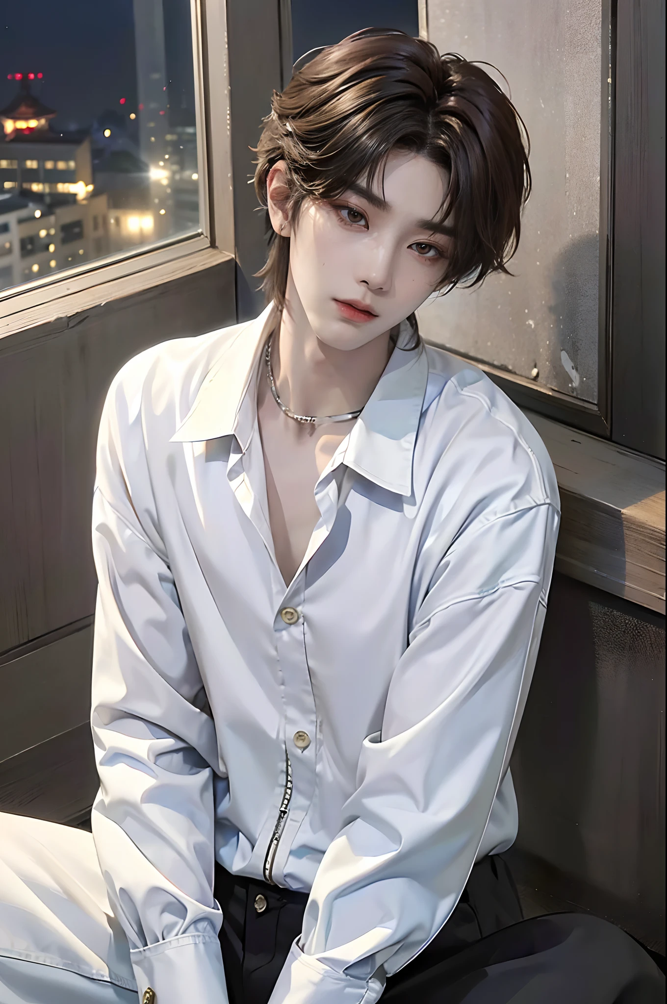 ((4K works))、​masterpiece、（top-quality)、((high-level image quality))、One Manly Boy、Slim body、((White Y-shirt and long black pants))、(Detailed beautiful eyes)、((Model Magazines))、Face similar to Chaewon in Ruseraphim、((short hair above the ears))、((Smaller face))、((Neutral face))、((Light brown eyes))、((Korean boy))、((18year old))、((Handsome man))、((Wild look))、((Korean Makeup))、((elongated and sharp eyes))、((Photographed so that the whole body can be seen))、((Focus zoom out))、((Magazine covers))、((model poses))、((Model photo))、Professional Photos