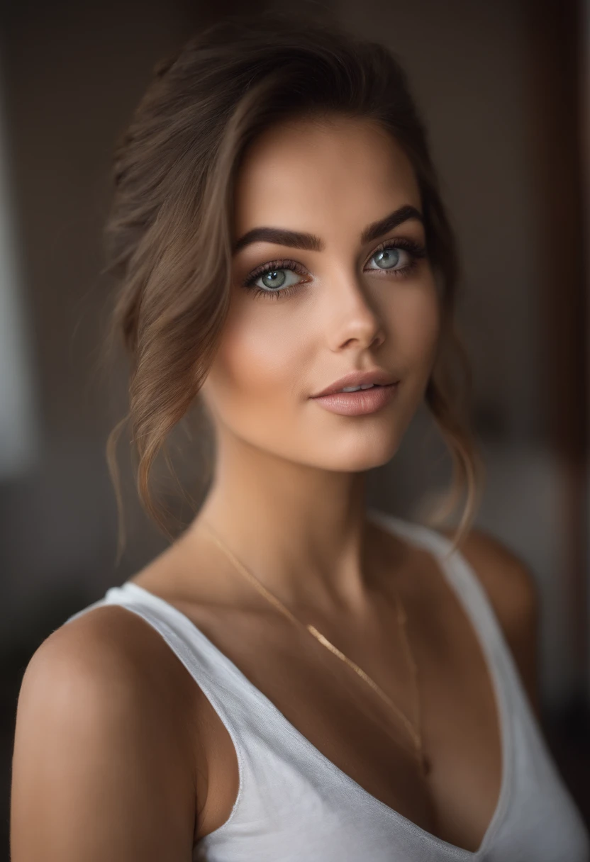 Arafed woman with a white tank top and necklace, fille sexy aux yeux bleu, Portrait Sophie Mudd, cheveux bruns et grands yeux, selfie of a young woman, Yeux de chambre, Violet Myers, sans maquillage, maquillage naturel, looking straight at camera, Visage avec Artgram, Maquillage subtil, Superbe photo du corps entier, piercing green eyes, Bel angle, pose attrayante, fille mignonne, sexy pose, Image du corps entier, corps entier, Prise de vue du corps entier, brunette goddess, High detail, pose satisfaite, Porter une jupe grise et des bottes, jupe, Bottes
