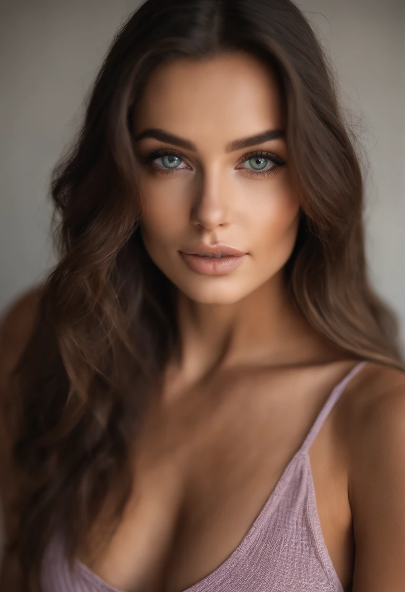 Arafed woman with a white tank top and necklace, fille sexy aux yeux bleu, Portrait Sophie Mudd, cheveux bruns et grands yeux, selfie of a young woman, Yeux de chambre, Violet Myers, sans maquillage, maquillage naturel, looking straight at camera, Visage avec Artgram, Maquillage subtil, Superbe photo du corps entier, piercing green eyes, Bel angle, pose attrayante, fille mignonne, sexy pose, Image du corps entier, corps entier, Prise de vue du corps entier, brunette goddess, High detail, pose satisfaite, Porter une jupe grise et des bottes, jupe, Bottes