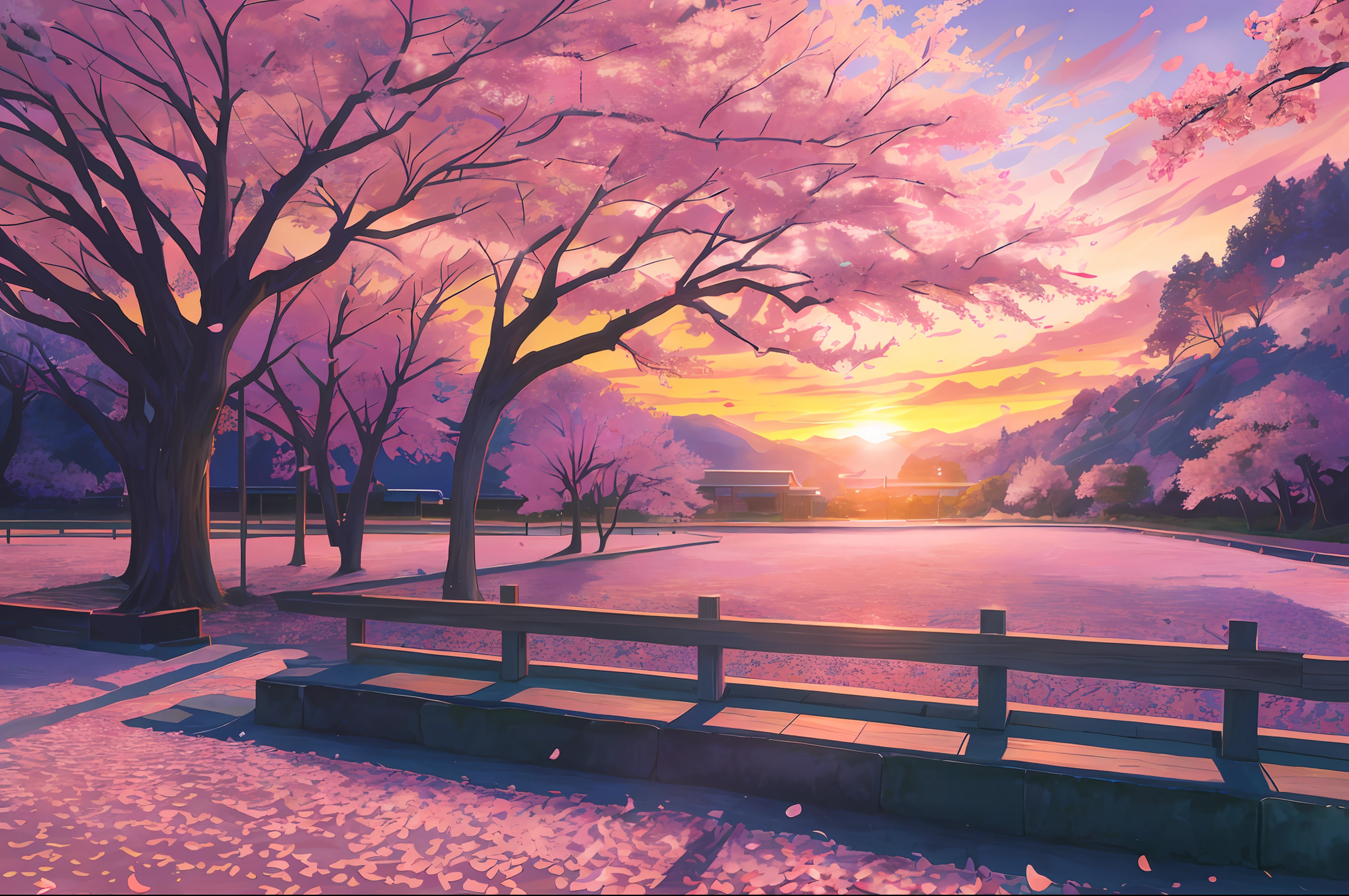 (Photorealistic:1.2), illustratio：Hidenori Matsubara, A vibrant fantasy landscape, cherry blossom petals falling, Illuminated by a warm and inviting sunset, Smooth shadows and textures, and a subtle glow