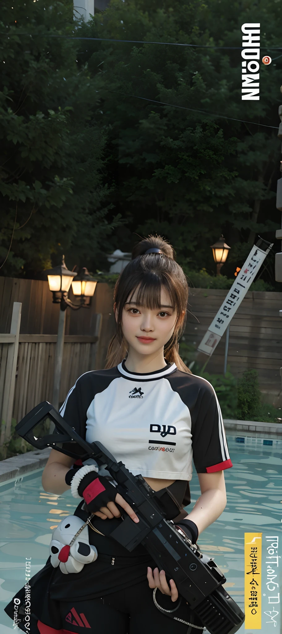 zydG, 1girl, detailed skin, looking at viewer, brown eyes, (ponytail with bangs:1.2), (large breasts:1.0), (large areolae:0.8), small smile, cute glasses
(photorealistic:1.4), (best quality:1.0), (ultra highres:1.0), 8k, RAW photo, (masterpiece:0.2), (sportswear:1.4), (sweat, wet:1.1), portrait, face focus,
(pureerosface_v1:0.5)