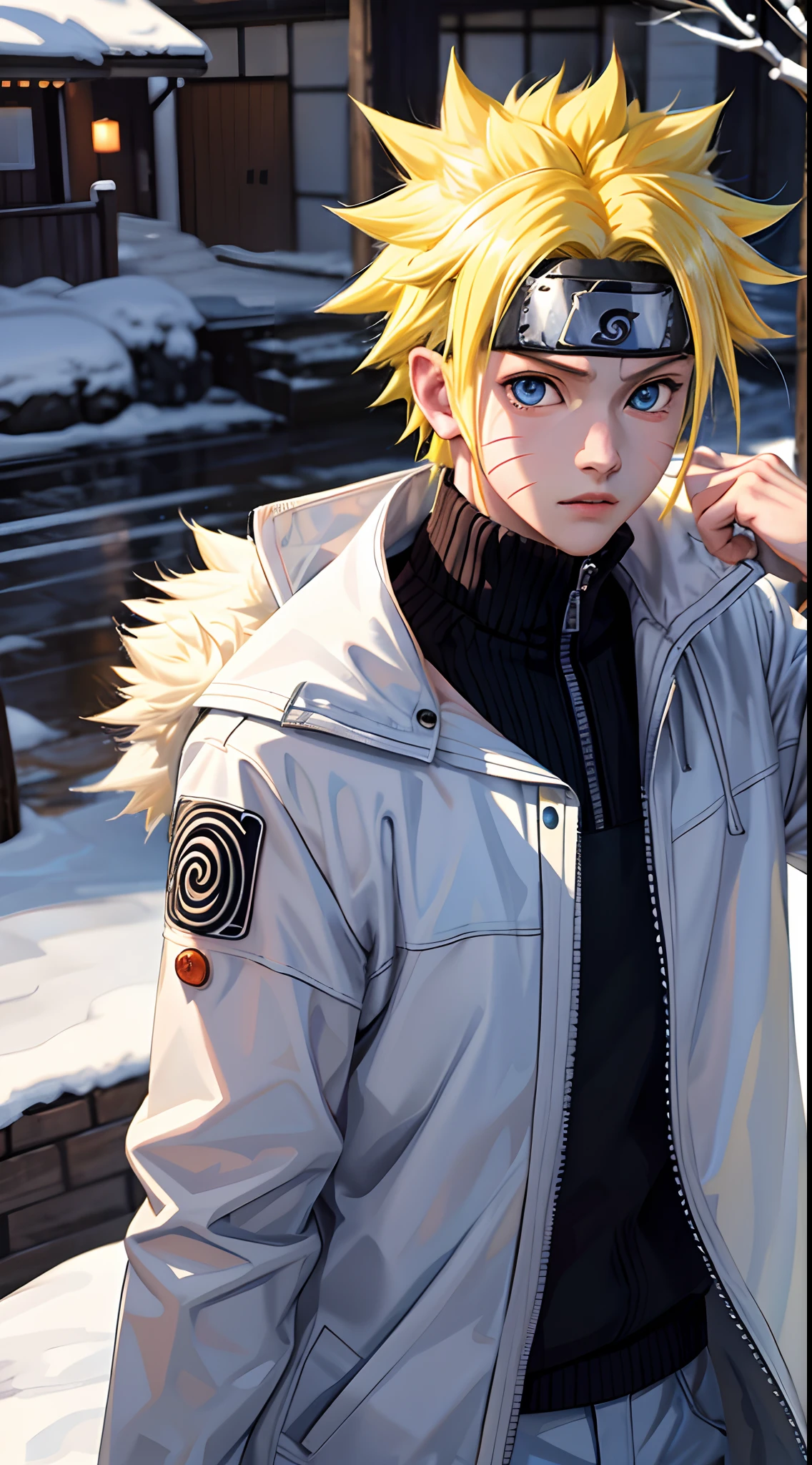 Masterpiece, Superb Style, winter chothes, Outdoor, Upper Body, Uzumaki Naruto, blue eyes, short yellow hair,a boy