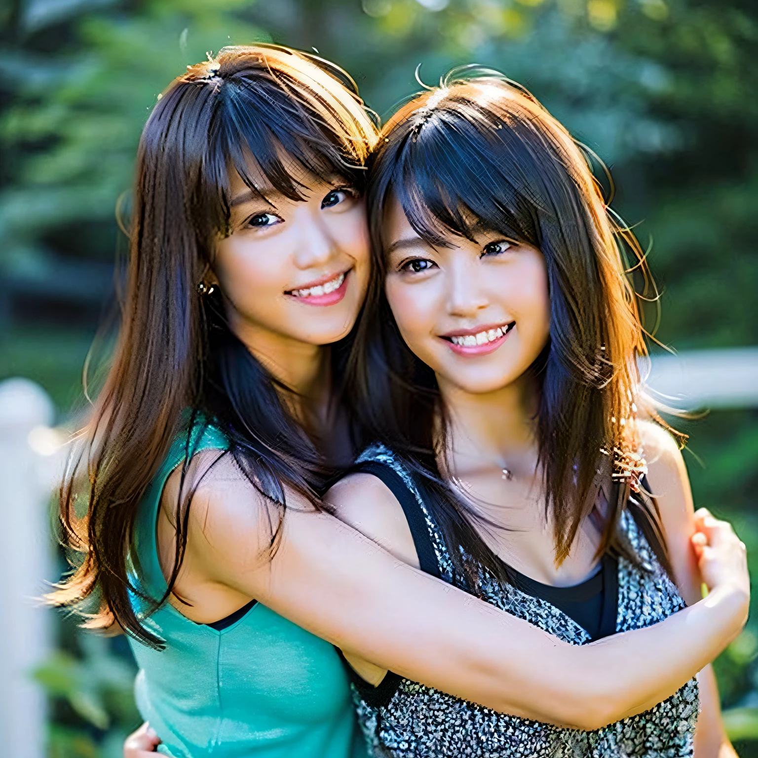 (8K、Raw photography、top-quality、masterpiece:1.2)、(realisitic、Photorealsitic:1.37)、ultra-detailliert、超A high resolution、Identical twin sisters hugging each other、see the beholder、beautifull detailed face、A smile、Constriction、(Slim waist) :1.3)、Tank Tops、Beautiful detailed skin、Skin Texture、floated hair、profetional lighting、