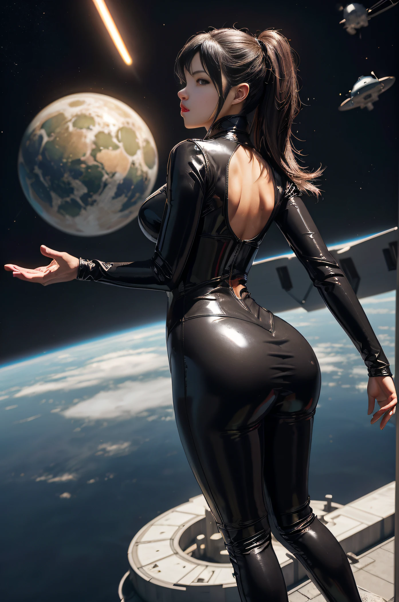 There is a woman in a black latex outfit standing on a platform, in outer space, wearing a black catsuit, standing in outer space, Trend in CGTacing:, vestindo terno apertado, wearing black latex outfit, thicc, imagem super alto detalhe, tracer in a skintight dress, arte conceitual digital suave, traje apertado, Tifa Lockhart, black latex suit