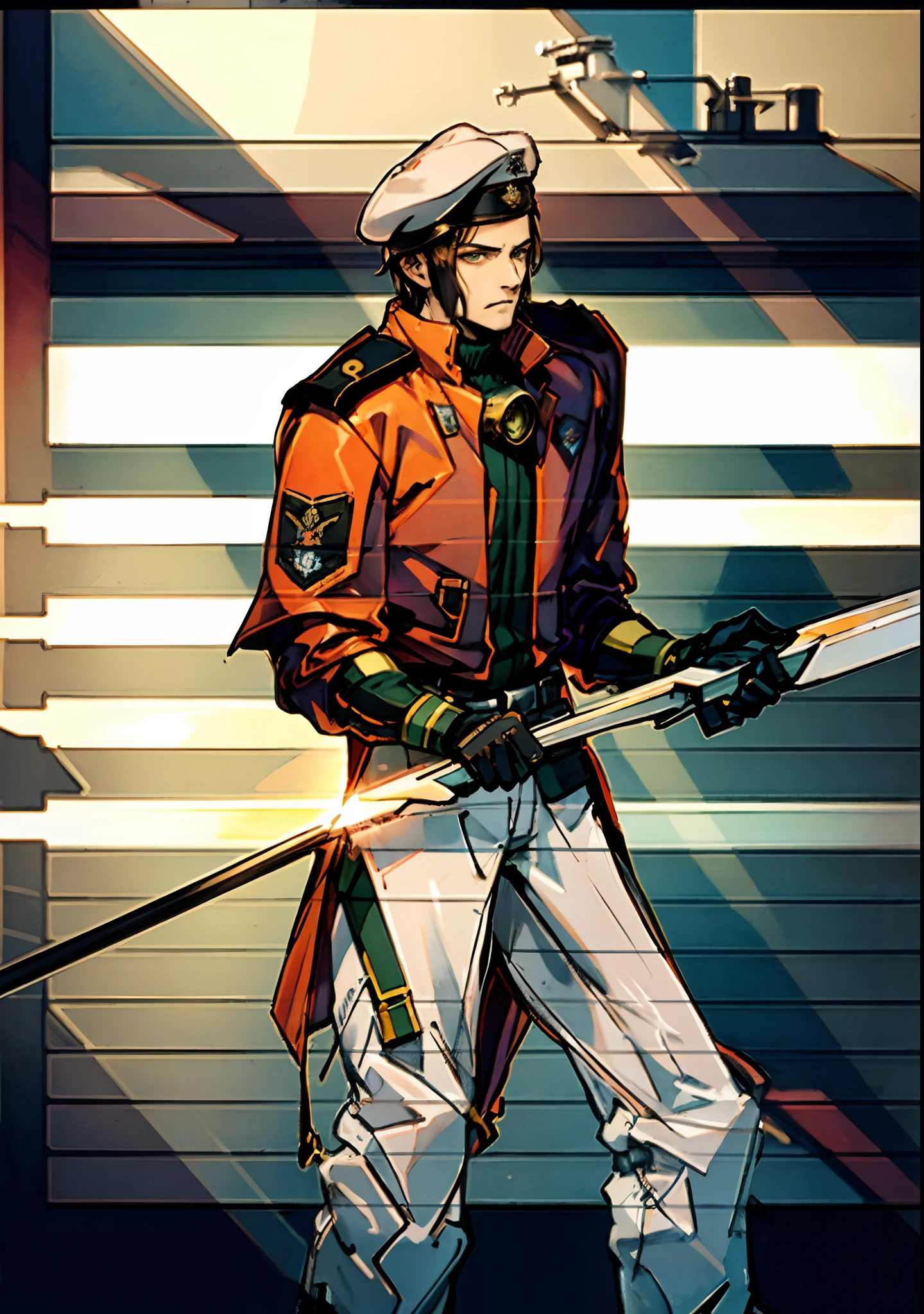 1 man, a man with black short hair, a beret on his head, icy and resolute eyes, a refined face, no expression, wears a two-piece futuristic military-style outfit, tall and slender, wears a light-colored Chinese-style undershirt, a short cape, primarily in shades of green and white, accented by touches of red and yellow, wears dark pants, holds a futuristic-style long metal rod in his hands, set within the futuristic sci-fi atmosphere of a spaceship, this character embodies a finely crafted a futuristic sci-fi military officer in anime style, characterized by an exquisite and mature manga illustration art style, high definition, best quality, highres, ultra-detailed, ultra-fine painting, extremely delicate, professional, anatomically correct, symmetrical face, extremely detailed eyes and face, high quality eyes, creativity, RAW photo, UHD, 8k, Natural light, cinematic lighting, masterpiece:1.5