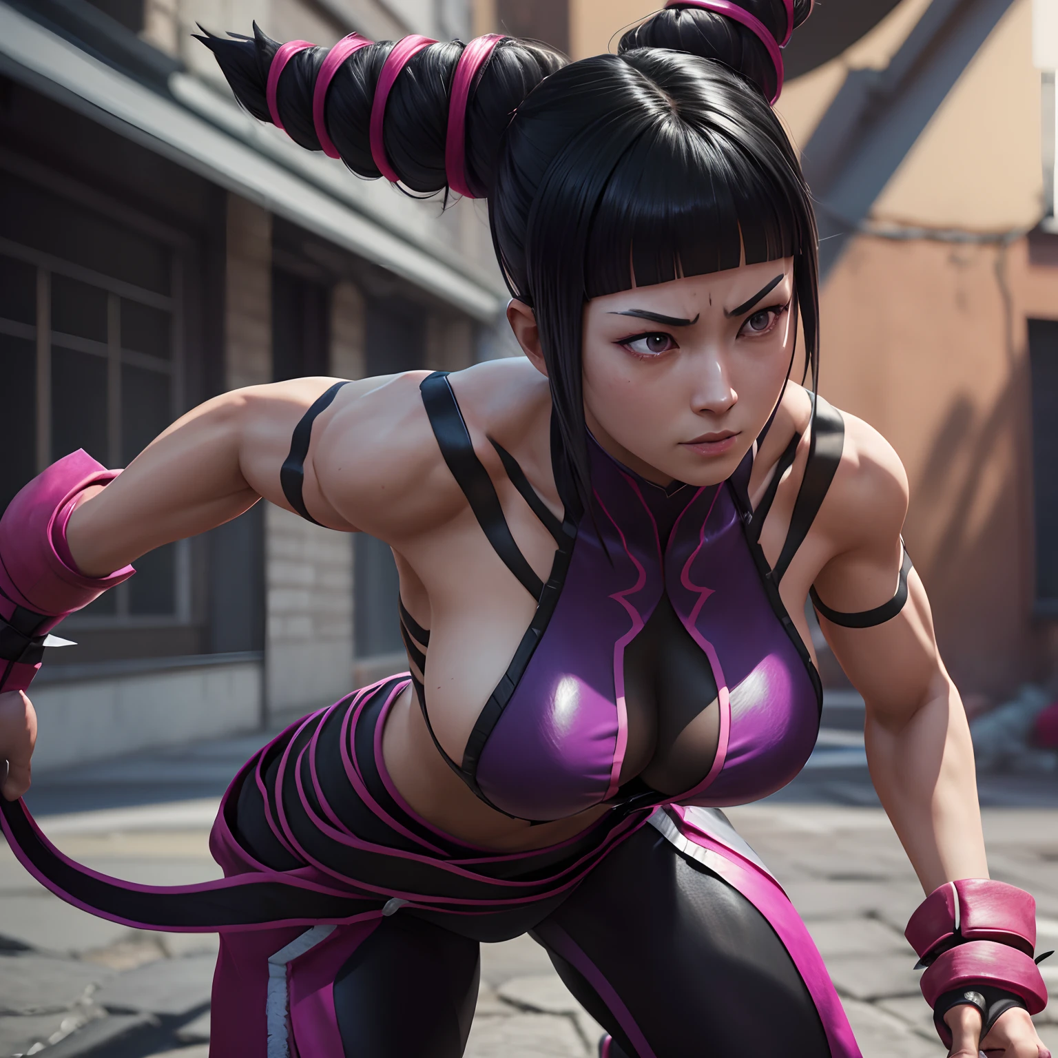 Generate an 8K 3D rendering of Juri Han from Street Fighter in an action-packed scene. Prioritize her photorealistic appearance and hyper-detailed outfit. Employ Unreal Engine v5 for the utmost realism, and ensure the image is HDR-enhanced for a striking and professional look