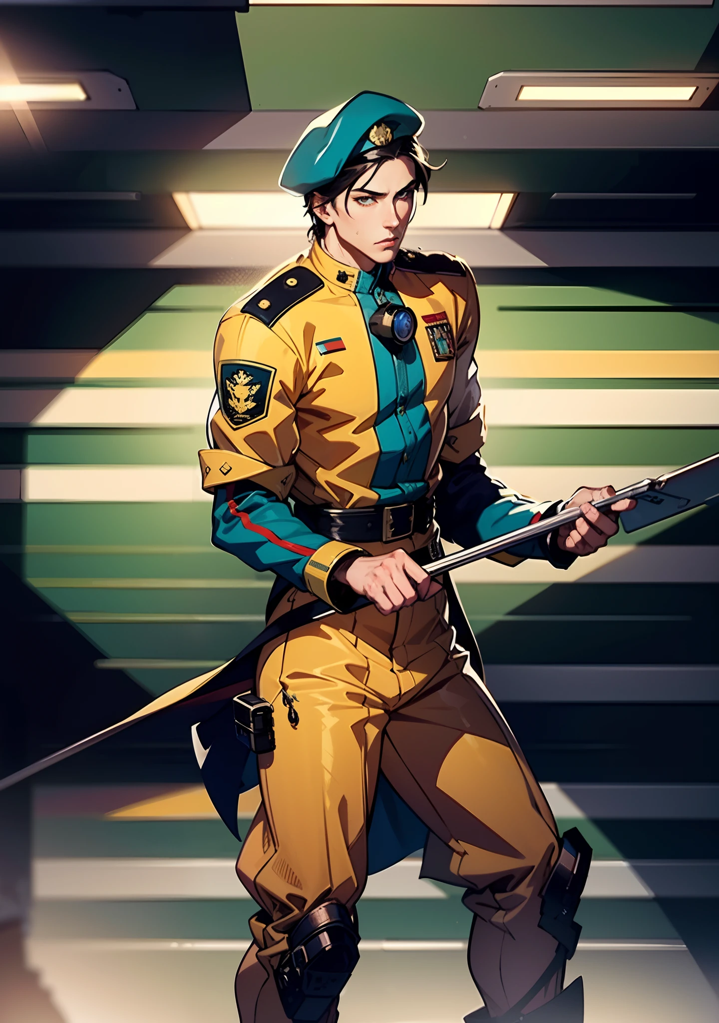 1 man, a man with black short hair, a beret on his head, icy and resolute eyes, a refined face, no expression, wears a two-piece futuristic military-style outfit, tall and slender, wears a light-colored Chinese-style undershirt, a short cape, primarily in shades of green and white, accented by touches of red and yellow, wears dark pants, holds a futuristic-style long metal rod in his hands, set within the futuristic sci-fi atmosphere of a spaceship, this character embodies a finely crafted a futuristic sci-fi military officer in anime style, characterized by an exquisite and mature manga illustration art style, high definition, best quality, highres, ultra-detailed, ultra-fine painting, extremely delicate, professional, anatomically correct, symmetrical face, extremely detailed eyes and face, high quality eyes, creativity, RAW photo, UHD, 8k, Natural light, cinematic lighting, masterpiece:1.5