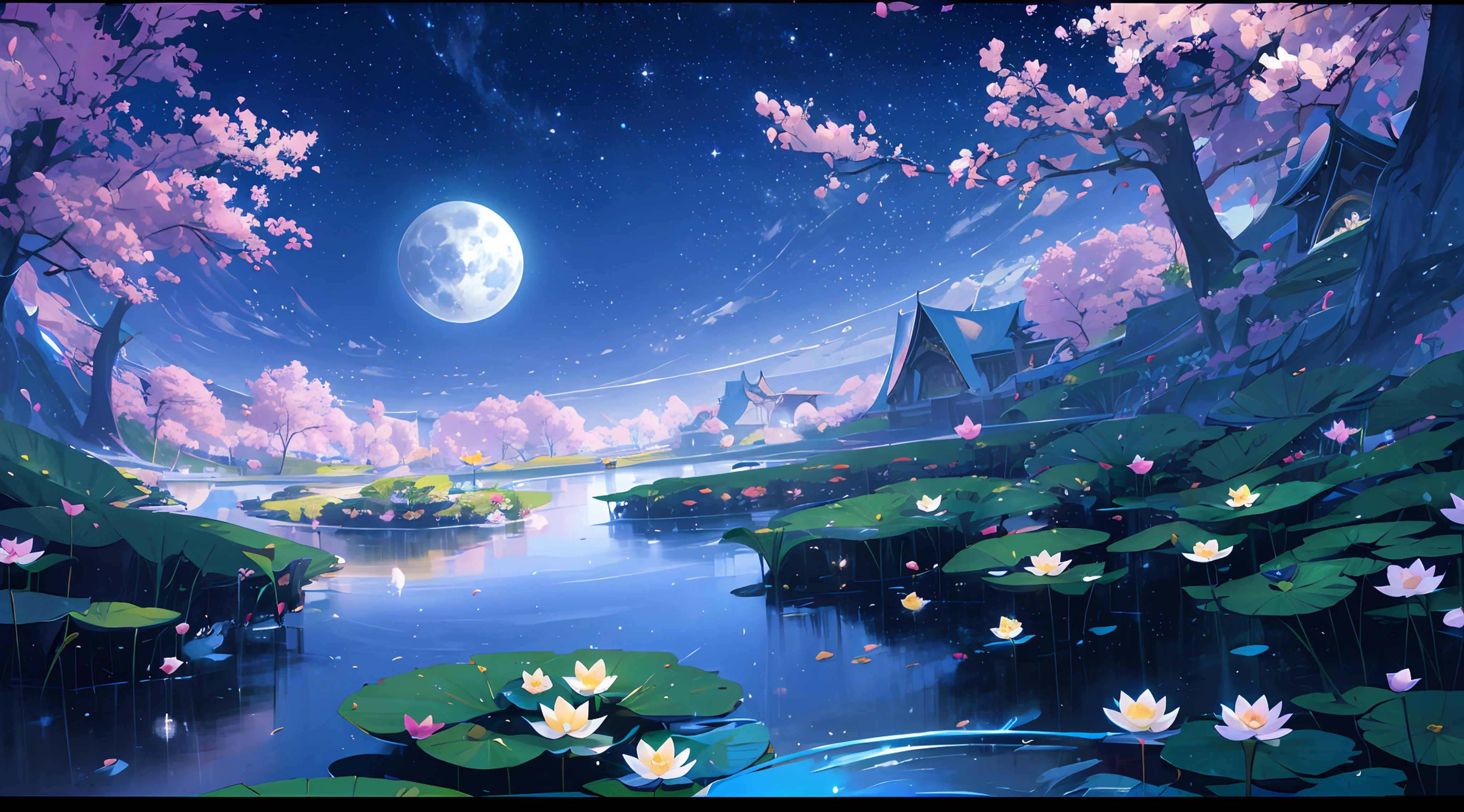 cinematic lighting, sparkle, reflection light, pov, UHD, retina, masterpiece, ccurate, super detail, high details, high quality, award winning, best quality, highres, 8k, landscape painting, unmanned, with many lotus lotus leaves, Cyan lake, white mist rising from the lake, white moon, blue night sky, ancient China