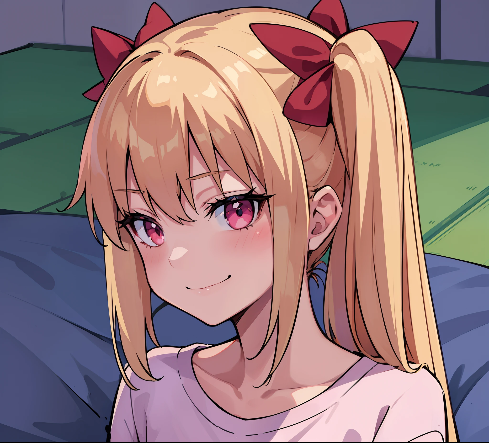 hiquality, tmasterpiece (one girls). blonde with ponytails. Red bows. pink eyes. Pink T-shirt. smirk.