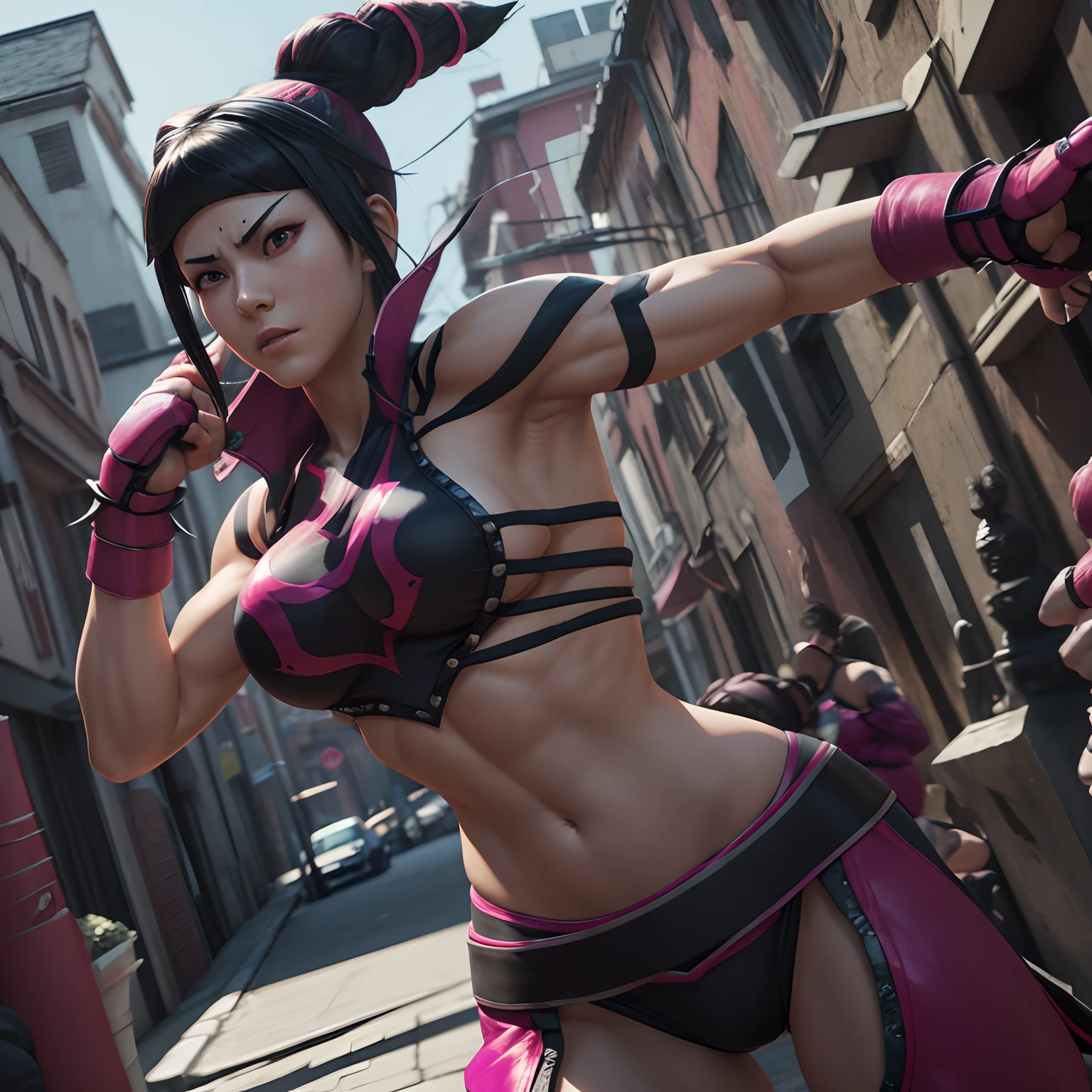Generate an 8K 3D rendering of Juri Han from Street Fighter in an action-packed scene. Prioritize her photorealistic appearance and hyper-detailed outfit. Employ Unreal Engine v5 for the utmost realism, and ensure the image is HDR-enhanced for a striking and professional look