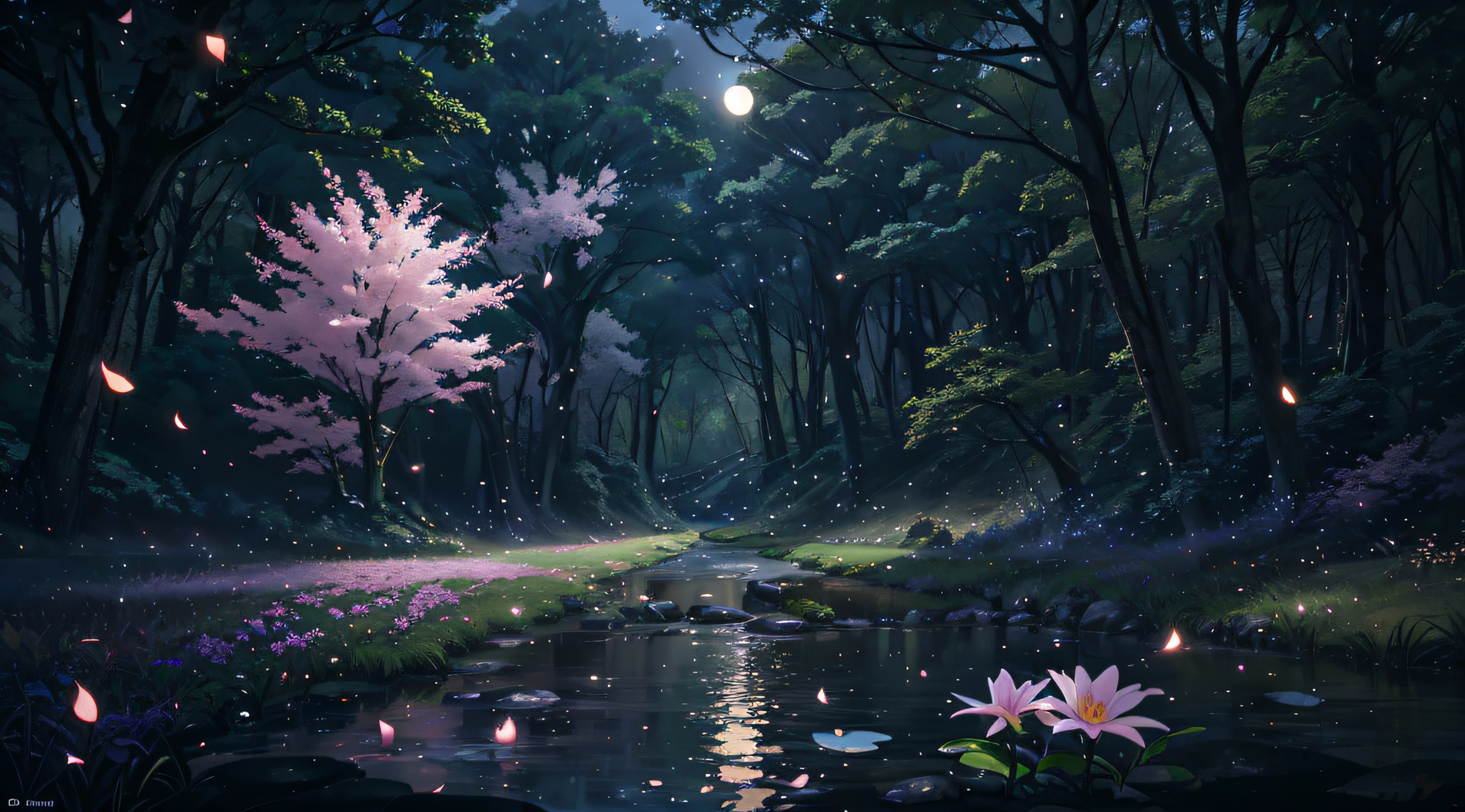 Wallpaper, rainy season, flowers and trees, grass, streams, big trees, stones, flying petals, fireflies, background night moonlight, moon, rainy day, HD detail, wet watermark, hyper detail, film, surrealism, soft light, deep field focus bokeh, ray tracing, diffusion (ultra-fine glass reflection) and surrealism. --v6