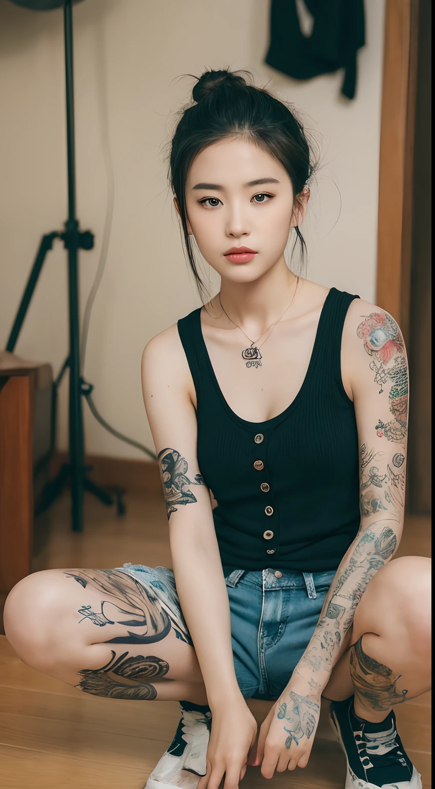 ((Best quality, 8k, Masterpiece :1.3)), Sharp focus :1.2, Korean sexy slim girl. 18year, whiteTattoos. perfeck body beauty:1.4. Slender abs:1.2. Messy Bun hair, necklace, ((tank top. Shorts Torn torn, buttons open)) Sit squatting. Tomboy women, open your thighs wide. Show me your . In front of the camera. Closer. More clearly, in the room °Full Body° Highly detailed face and skin texture, Detailed eyes, Double eyelid_mix4, 20d, solo, photo-realistic:1.37 .. Detailed texture of tattooed skin. Tattooed hands. Tattooed neck
