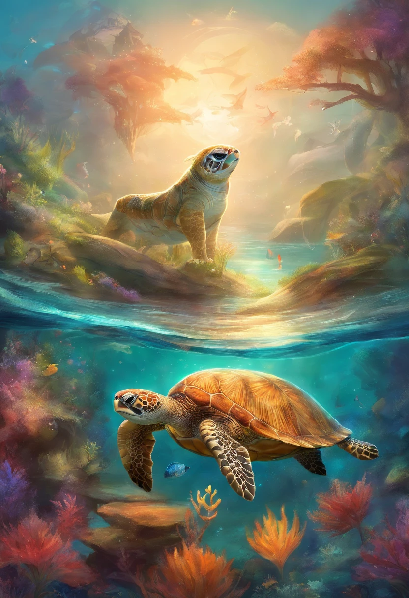 There is a sea turtle that has a face of cute cat swimming underwater in the sea, the turtle has a cute cat face, with turtle shell, diving in the water,