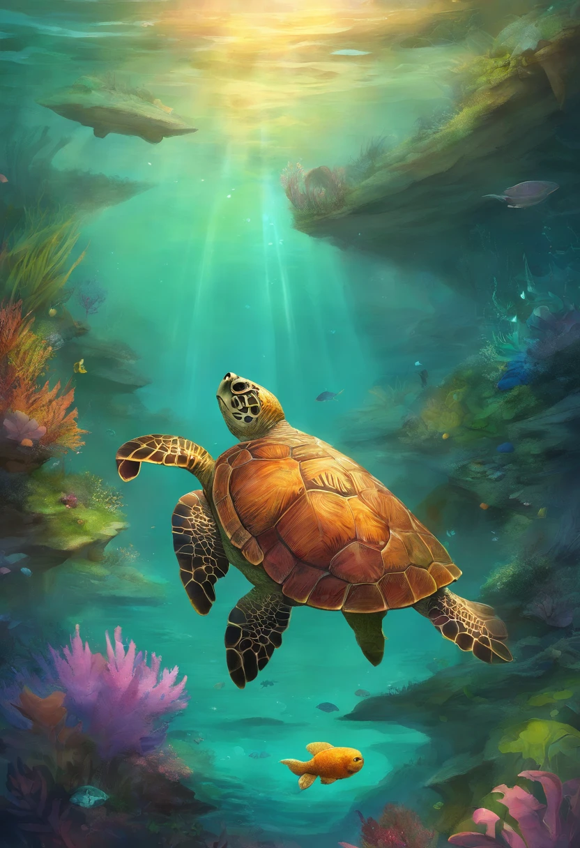 There is a sea turtle that has a face of cute cat swimming underwater in the sea, the turtle has a cute cat face, with turtle shell, diving in the water,