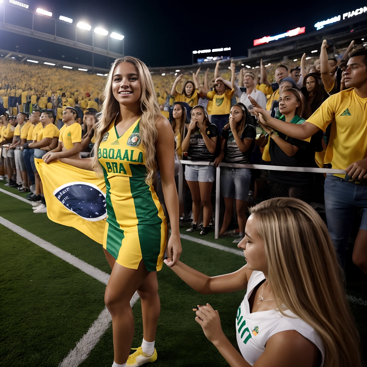 RAW photo, a 20-year-old Brazilian woman, in Brazilian football dress , blonde balayage, at football game, behind crowd of fans,best clear quality, 8k uhd, dslr, soft lighting, high quality, film grain, Fujifilm XT3,