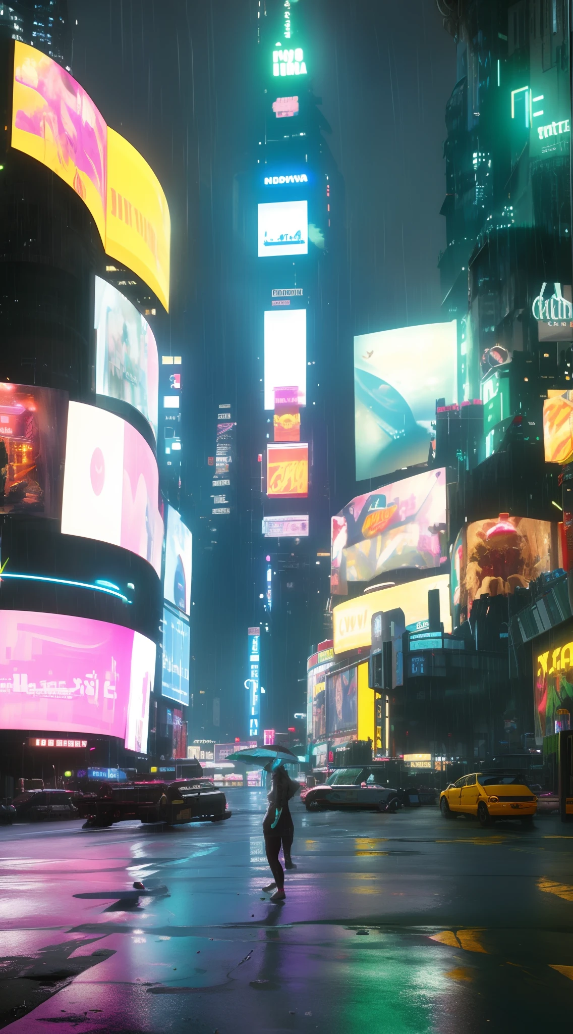 Araffe atravessando a rua na chuva em Times Square, sci - fi scene future new york, post-apocalyptic times square, cidade cyberpunk hiper realista, vfx powers at night in the city, Cidade Cyberpunk Chuvosa, cinematic neon matte painting, Nova Iorque no futuro, estilo cyberpunk hiper-realista, neon rainy cyberpunk setting, arte cyberpunk ultrarrealista 8k