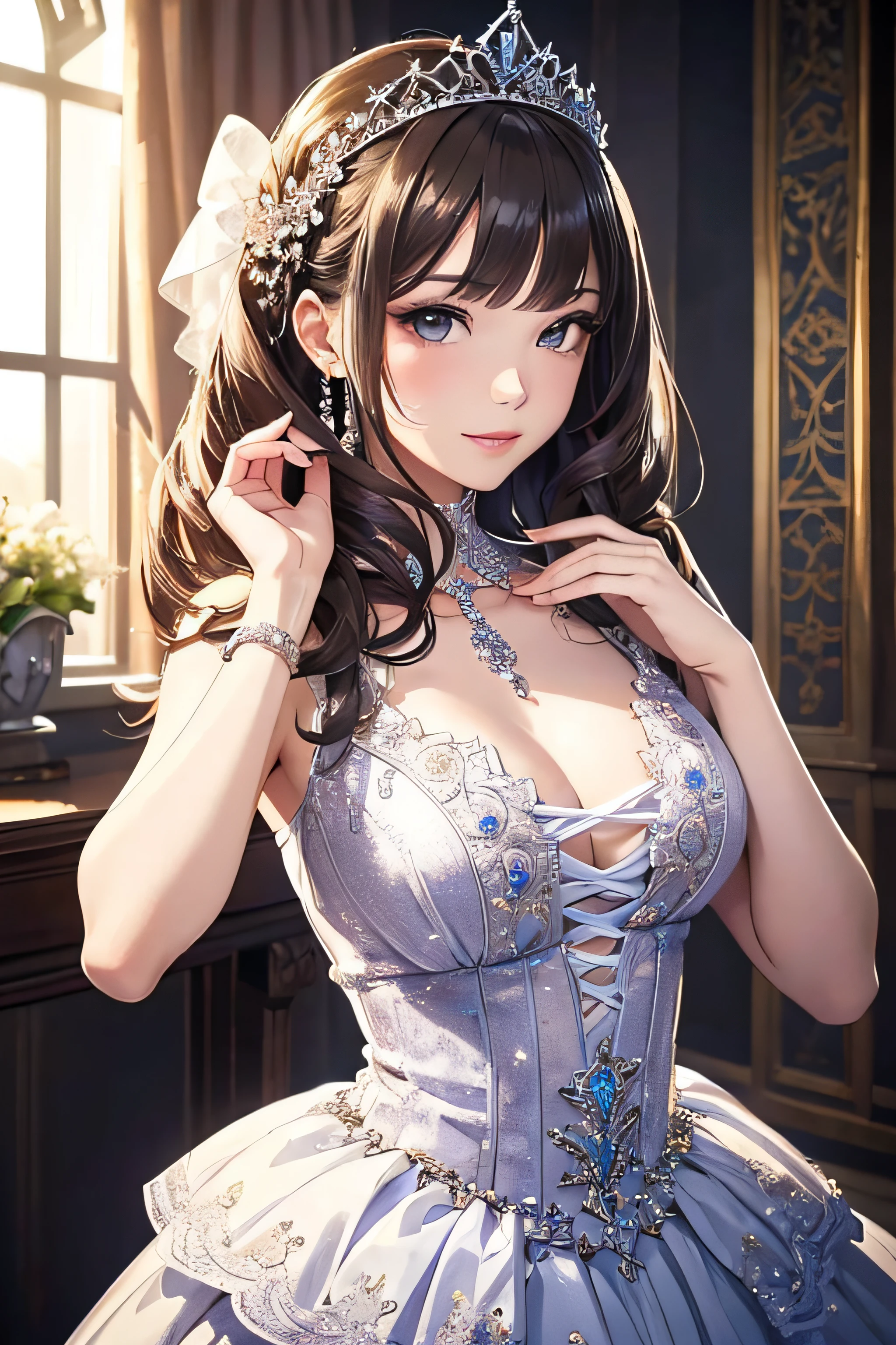 girl with dress, tiara, party scenery, flirtatious look, ((very detailed)), (perfectly detailed face), (well detailed hand) photorealistic image.