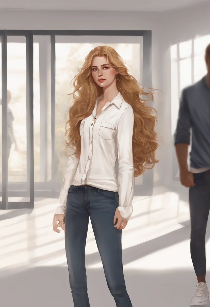 frontal image, concept art of the character, white background, full body, realistic drawing, standing, 1 girl, long and wavy golden hair, thin white long-sleeved shirt, jeans and black sneakers, 17 yeaemely beautiful, timid and sad posture, sad, sketches of the character around her, beautiful shape and aesthetics of the face and body