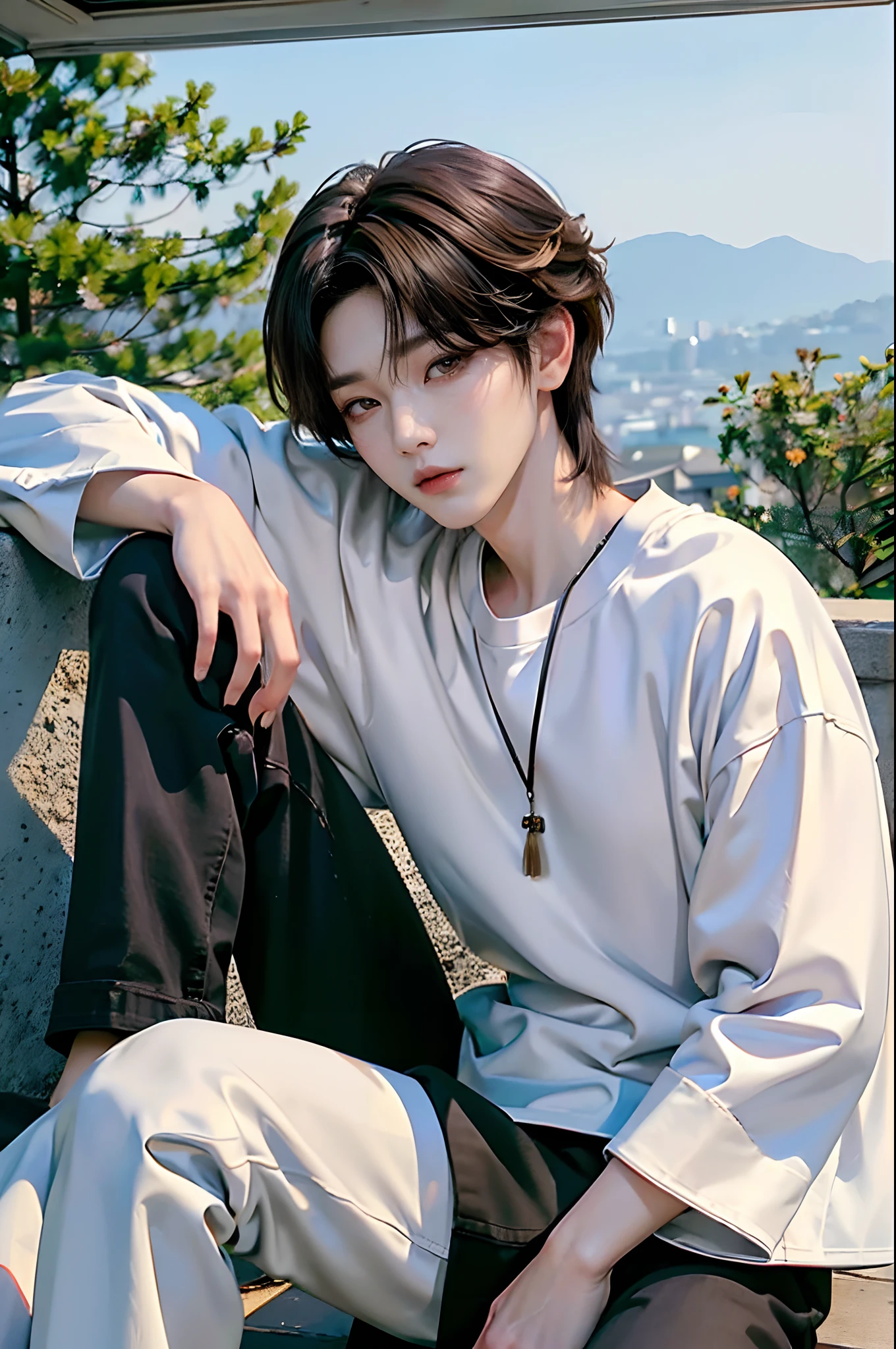 ​masterpiece、（top-quality)、((high-level image quality))、One Manly Boy、Slim body、((White Y-shirt and long black pants))、(Detailed beautiful eyes)、September Night Road、sitting on a curb、Face similar to Chaewon in Ruseraphim、((short hair above the ears))、((Smaller face))、((Neutral face))、((Light brown eyes))、((Korean boy))、((18year old))、((Handsome man))、((Wild look))、((Korean Makeup))、((elongated and sharp eyes))、((Sit next to the viewer))、((shot from a side angle))、((The upper part of the body))、((Close-range shooting))