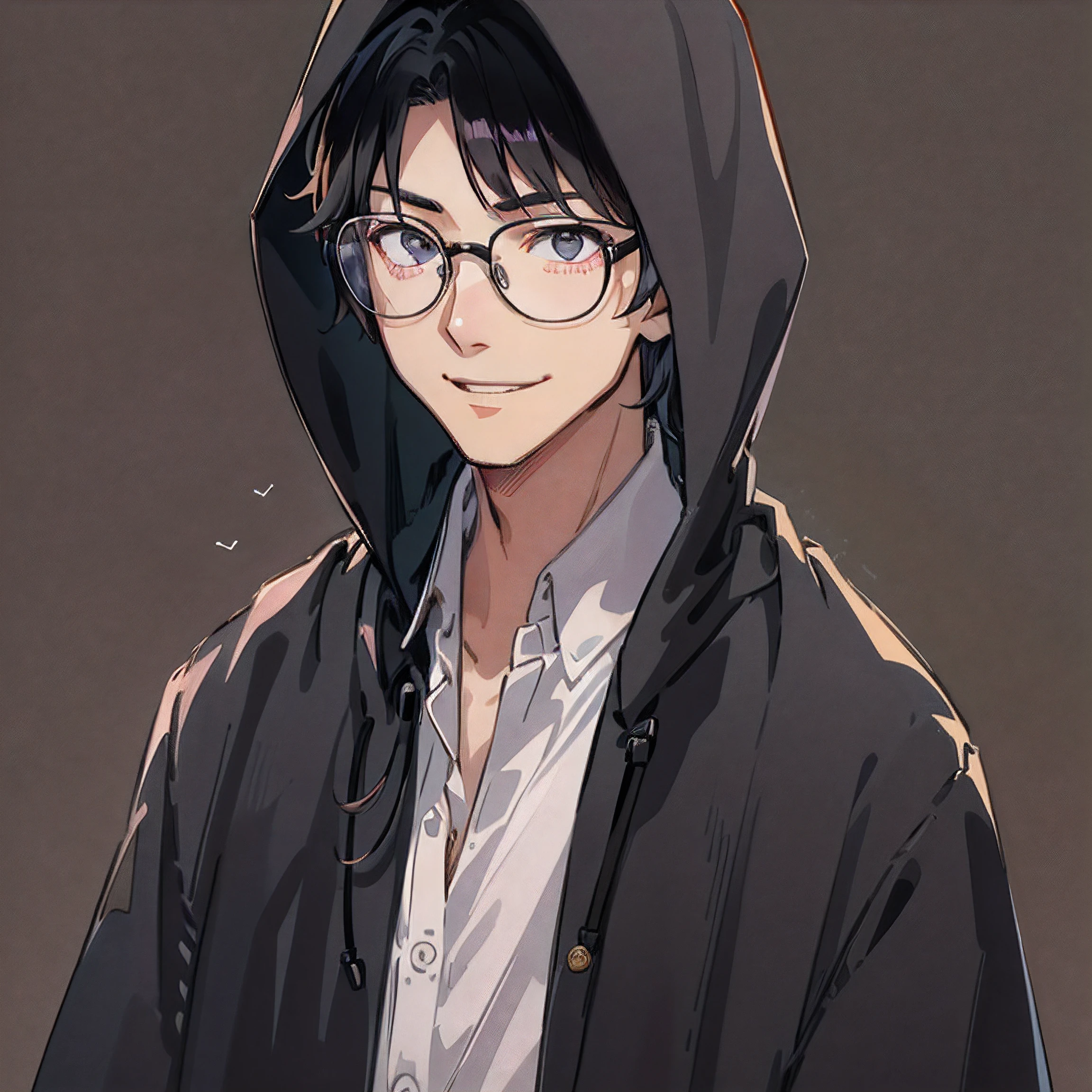 A japanese man with short, black hair. He has dark eyes, and wears a black hooded cloak with a white-button up shirt underneath. He has a sharp jawline and a smile. He has black-framed glasses.