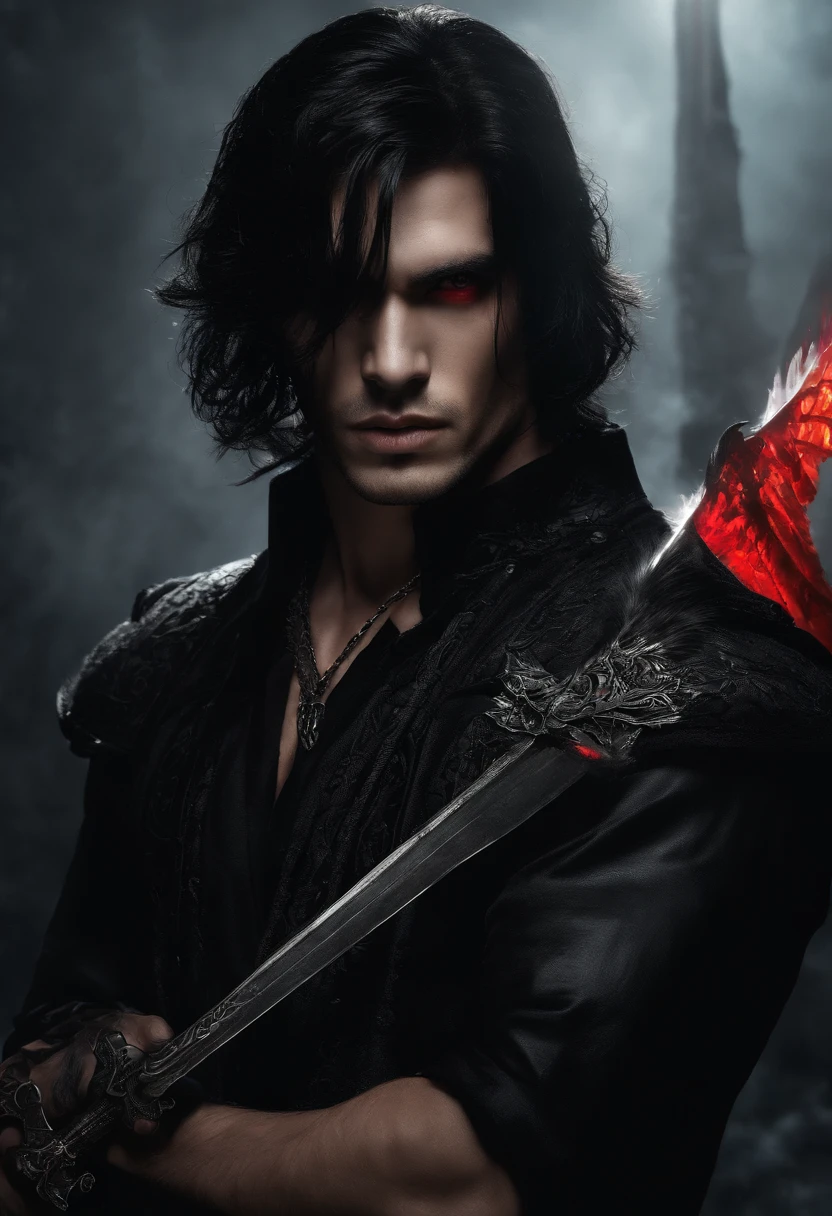 handsome man, feminine face, black hair, half neck lenght hair, one eye covered, red eye, choker with cross, broken wings, wearing all black, cross tattoo on arm, annoyed face, full lips, hot, Dark creepy background, holding sword