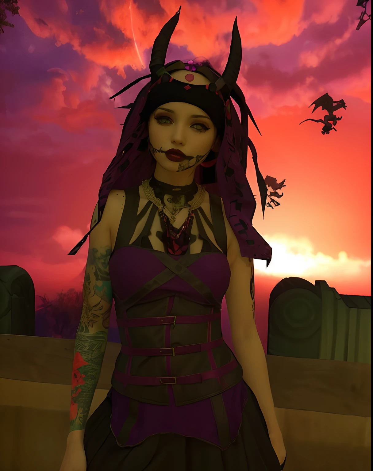 arafed woman with a tattoo and a purple dress in a field, second life avatar, cybergoth, heavenlydaemonic, dressed in crustpunk clothing, evil princess of the wasteland, mall goth, dusk setting, goth girl, at purple sunset, vampire of clan lasombra, inspired by Shukei Sesson, redpink sunset