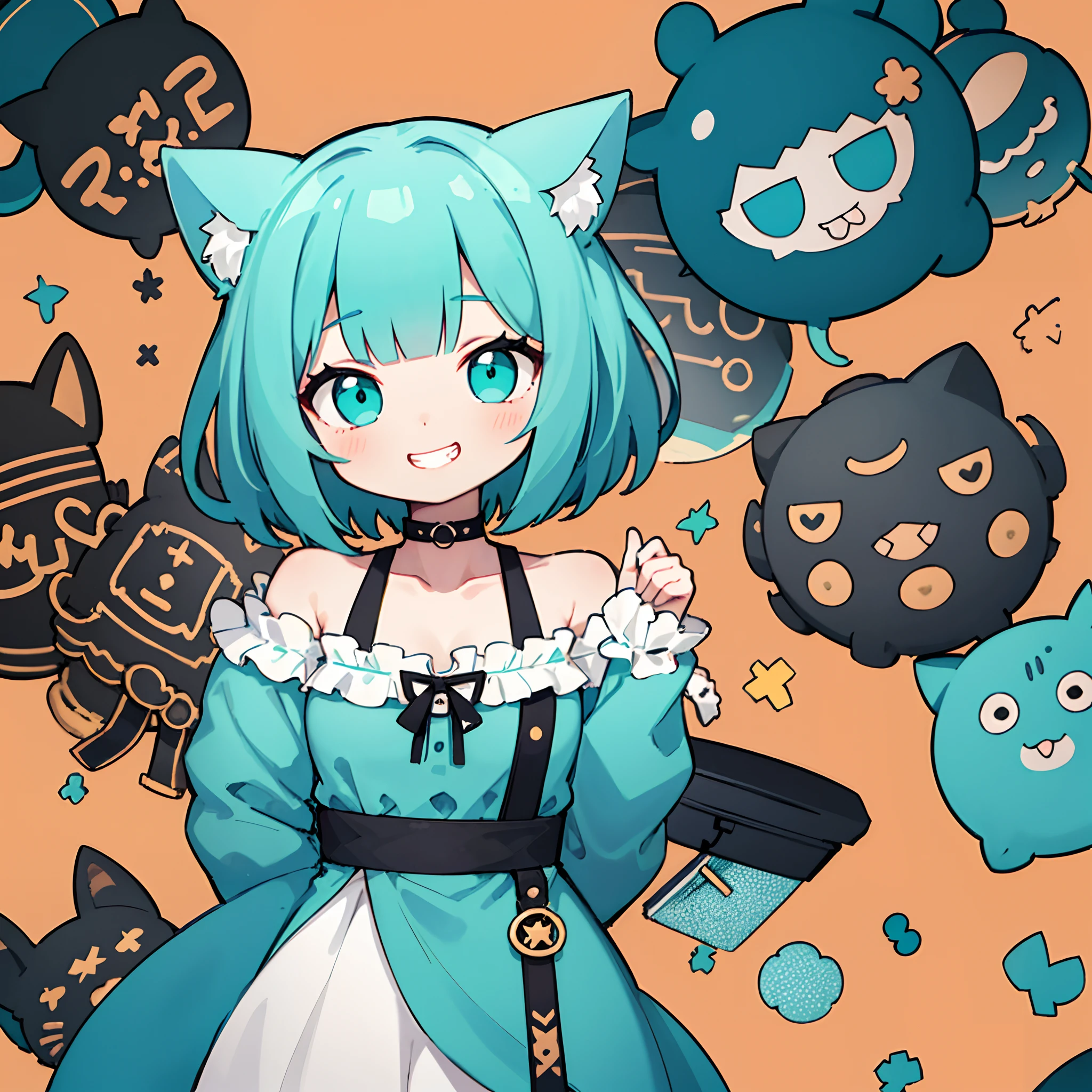 portrait of solo catgirl, (short fluffy turquoise hair in a wavy bob-cut), grin, smile, hands behind back, (white off-shoulder sundress), cute neko pose, colorful background, blobs, masterpiece