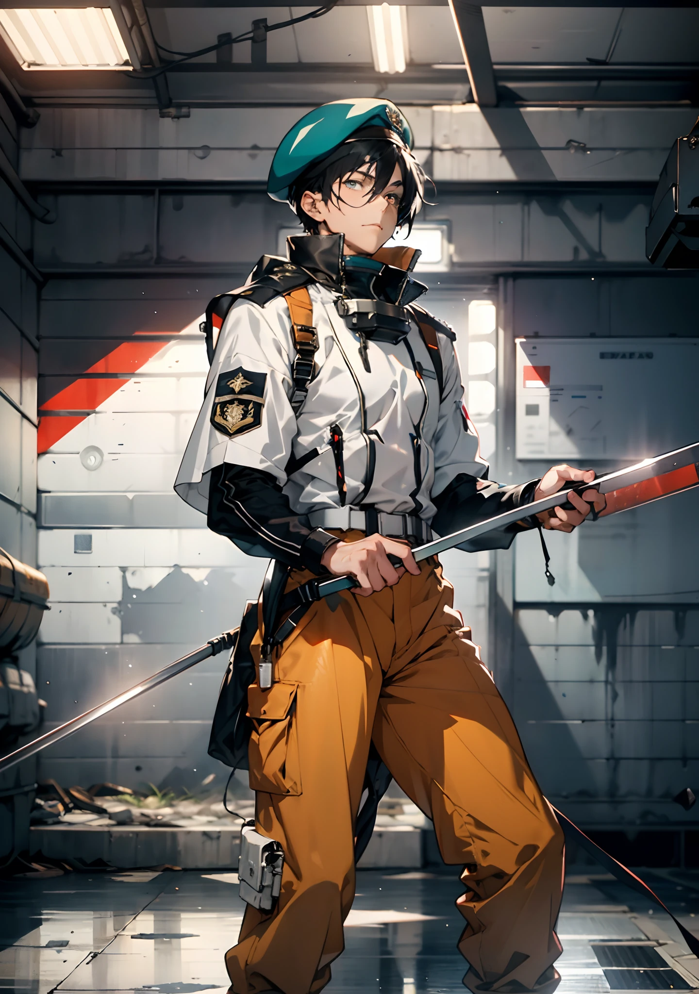 1 man, a man with black short hair, a beret on his head, icy and resolute eyes, a refined face, no expression, wears a two-piece futuristic military-style outfit, tall and slender, wears a light-colored Chinese-style undershirt, a short cape, primarily in shades of green and white, accented by touches of red and yellow, wears dark pants, holds a futuristic-style long metal rod in his hands, set within the futuristic sci-fi atmosphere of a spaceship, this character embodies a finely crafted a futuristic sci-fi military officer in anime style, characterized by an exquisite and mature manga illustration art style, high definition, best quality, highres, ultra-detailed, ultra-fine painting, extremely delicate, professional, anatomically correct, symmetrical face, extremely detailed eyes and face, high quality eyes, creativity, RAW photo, UHD, 8k, Natural light, cinematic lighting, masterpiece:1.5