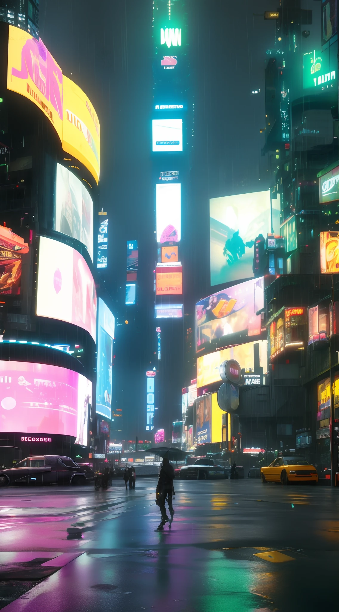 Araffe walking in the rain in a city at night, sci - fi scene future new york, cinematic neon matte painting, cidade cyberpunk hiper realista, busy cyberpunk metropolis, post-apocalyptic times square, em uma cidade cyberpunk futurista, vfx powers at night in the city, octan render. por makoto shinkai, em cyberpunk city, arte cyberpunk ultrarrealista 8k