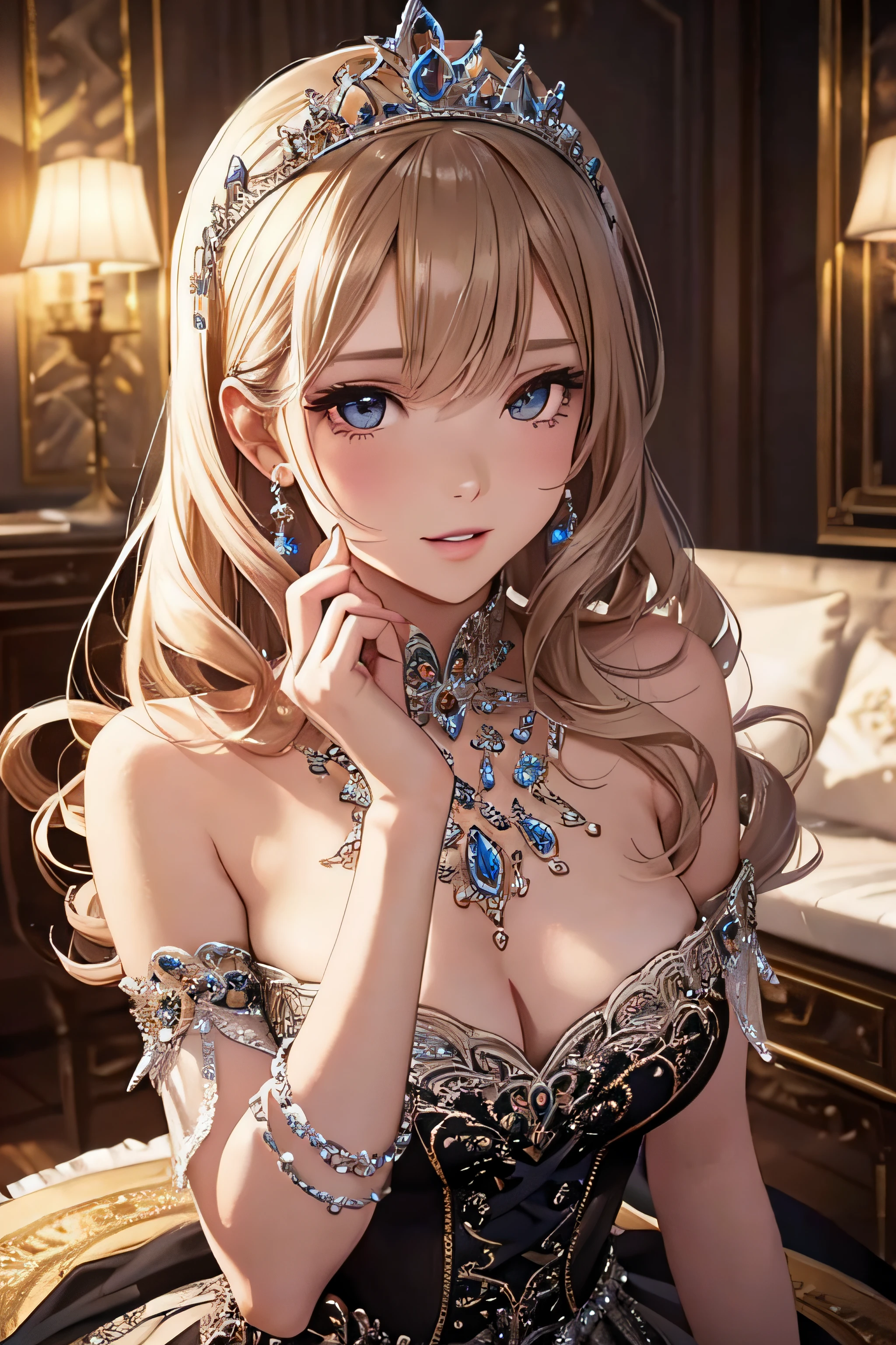 girl with dress, tiara, party scenery, flirtatious look, ((very detailed)), (perfectly detailed face), (well detailed hand) photorealistic image.