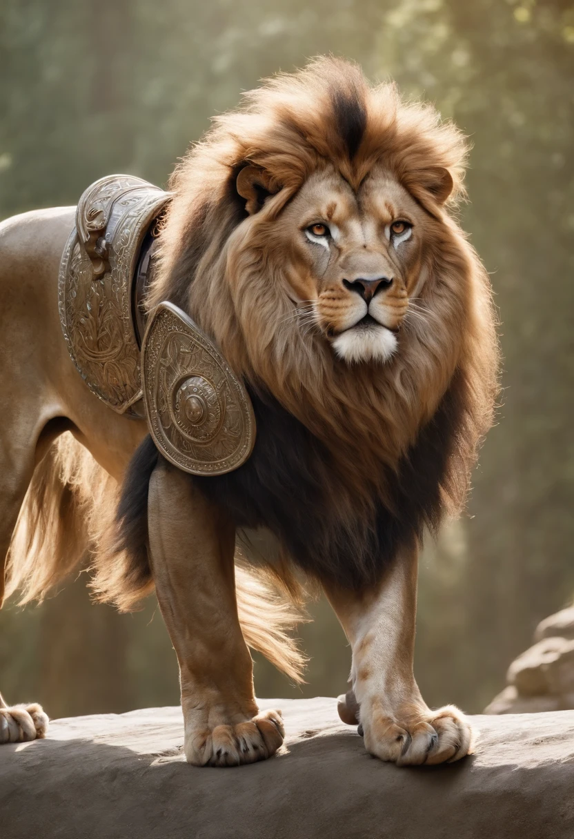 (best quality,highres,masterpiece:1.2), realistic, detailed armored lion, highly detailed body,fierce expression, majestic stance, vivid colors, strong and sturdy armor, battle-ready, regal and majestic presence, shining metal plating, intricately designed patterns, battle scars, fierce eyes, sharp teeth and claws, realistic fur texture, powerful muscles, confident posture, dramatic lighting