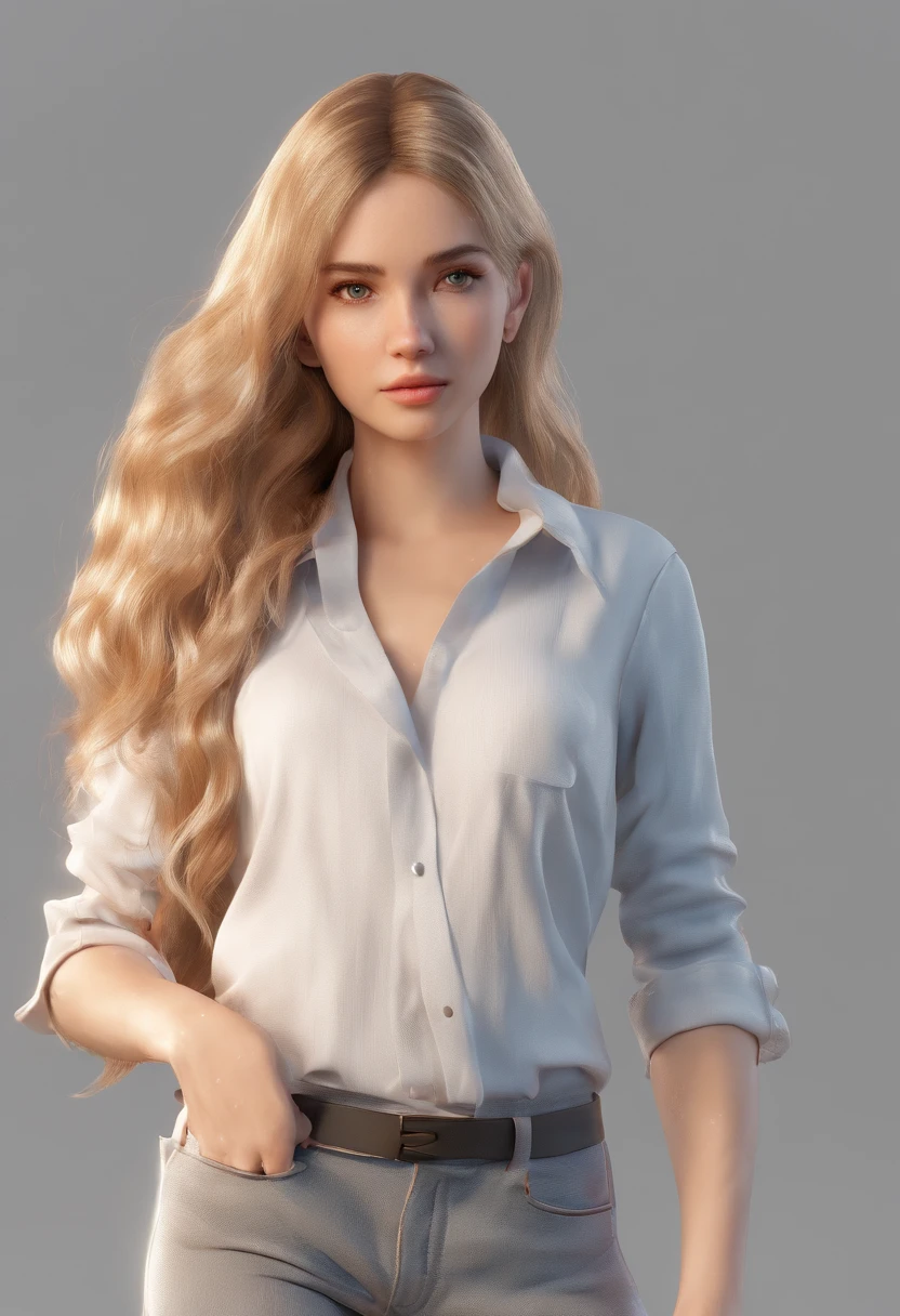 frontal image, concept art of the character, white background, full body, realistic, standing, ung girl, long and wavy golden hair, thin white long-sleeved shirt, jeans and black sneakers, 17 ytremely beautiful, timid and sad posture, sad, sketches of the character around her, beautiful shape and aesthetics of the face and body