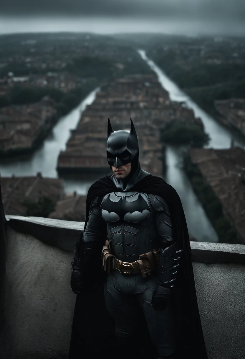 Batman guerreiro vestido com armadura medieval, Scenery Gothic city rainy and dark, com neblina densa, neblina densa, Noite escura, Clima de terror, Armadura preta, on top of a building, cinematic lighting, detalhes altos, melhor qualidade, Masterpiece, chovendo, chuva, molhado