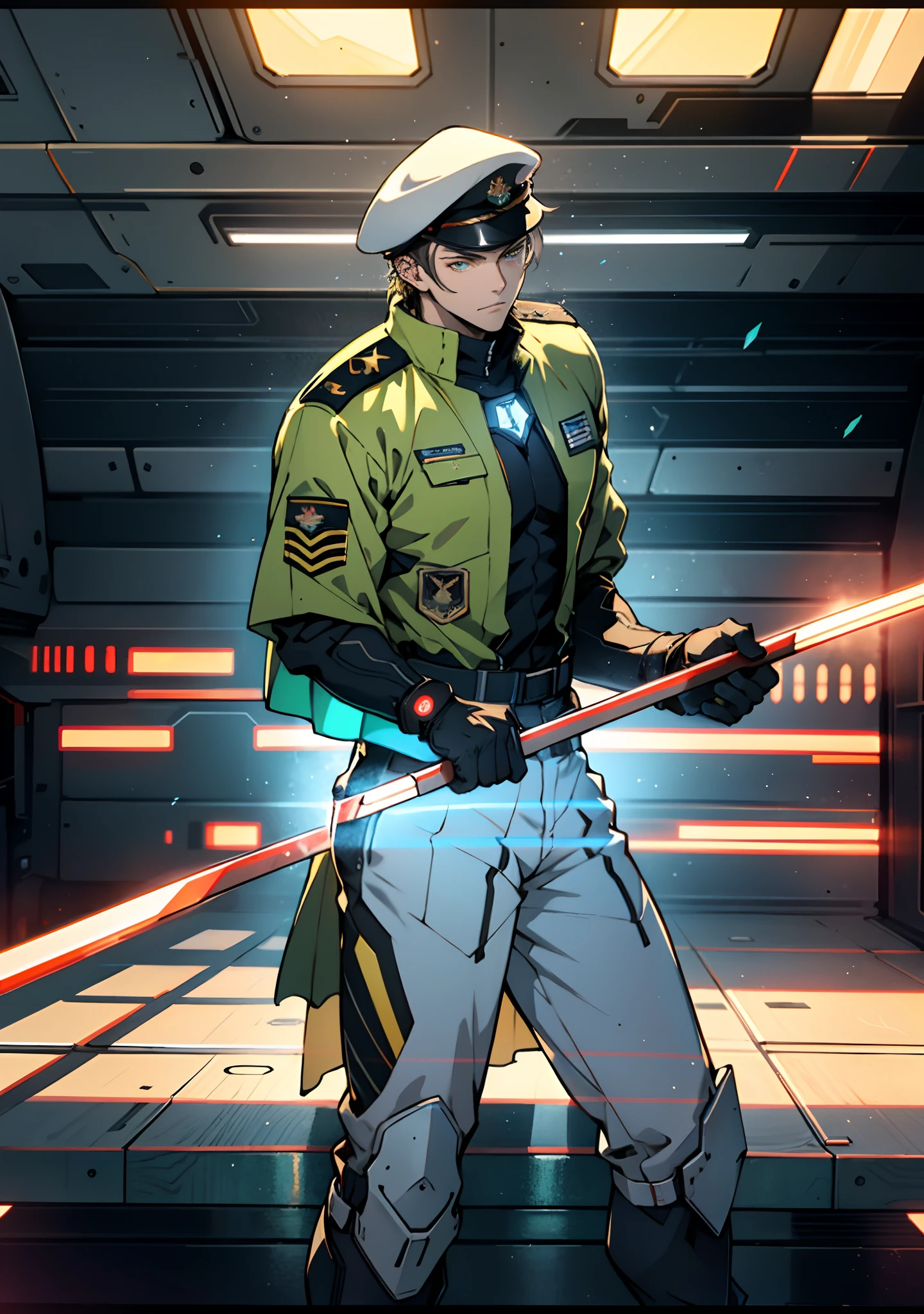 1 man, a man with black short hair, a beret on his head, icy and resolute eyes, a refined face, no expression, wears a two-piece futuristic military-style outfit, tall and slender, wears a light-colored Chinese-style undershirt, a short cape, primarily in shades of green and white, accented by touches of red and yellow, wears dark pants, holds a futuristic-style long metal rod in his hands, set within the futuristic sci-fi atmosphere of a spaceship, this character embodies a finely crafted a futuristic sci-fi military officer in anime style, characterized by an exquisite and mature manga illustration art style, high definition, best quality, highres, ultra-detailed, ultra-fine painting, extremely delicate, professional, anatomically correct, symmetrical face, extremely detailed eyes and face, high quality eyes, creativity, RAW photo, UHD, 8k, Natural light, cinematic lighting, masterpiece:1.5