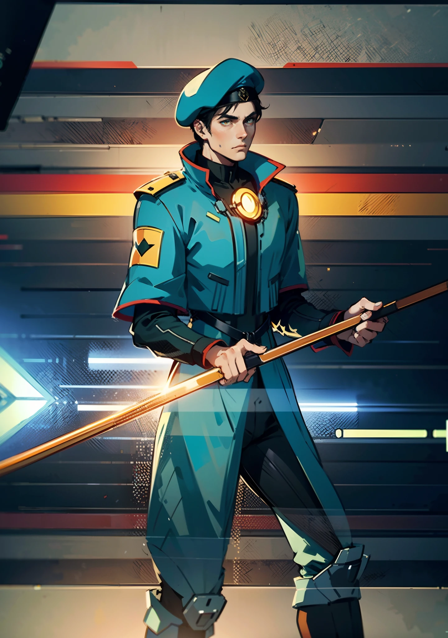 1 man, a man with black short hair, a beret on his head, icy and resolute eyes, a refined face, no expression, wears a two-piece futuristic military-style outfit, tall and slender, wears a light-colored Chinese-style undershirt, a short cape, primarily in shades of green and white, accented by touches of red and yellow, wears dark pants, holds a futuristic-style long metal rod in his hands, set within the futuristic sci-fi atmosphere of a spaceship, this character embodies a finely crafted a futuristic sci-fi military officer in anime style, characterized by an exquisite and mature manga illustration art style, high definition, best quality, highres, ultra-detailed, ultra-fine painting, extremely delicate, professional, anatomically correct, symmetrical face, extremely detailed eyes and face, high quality eyes, creativity, RAW photo, UHD, 8k, Natural light, cinematic lighting, masterpiece:1.5