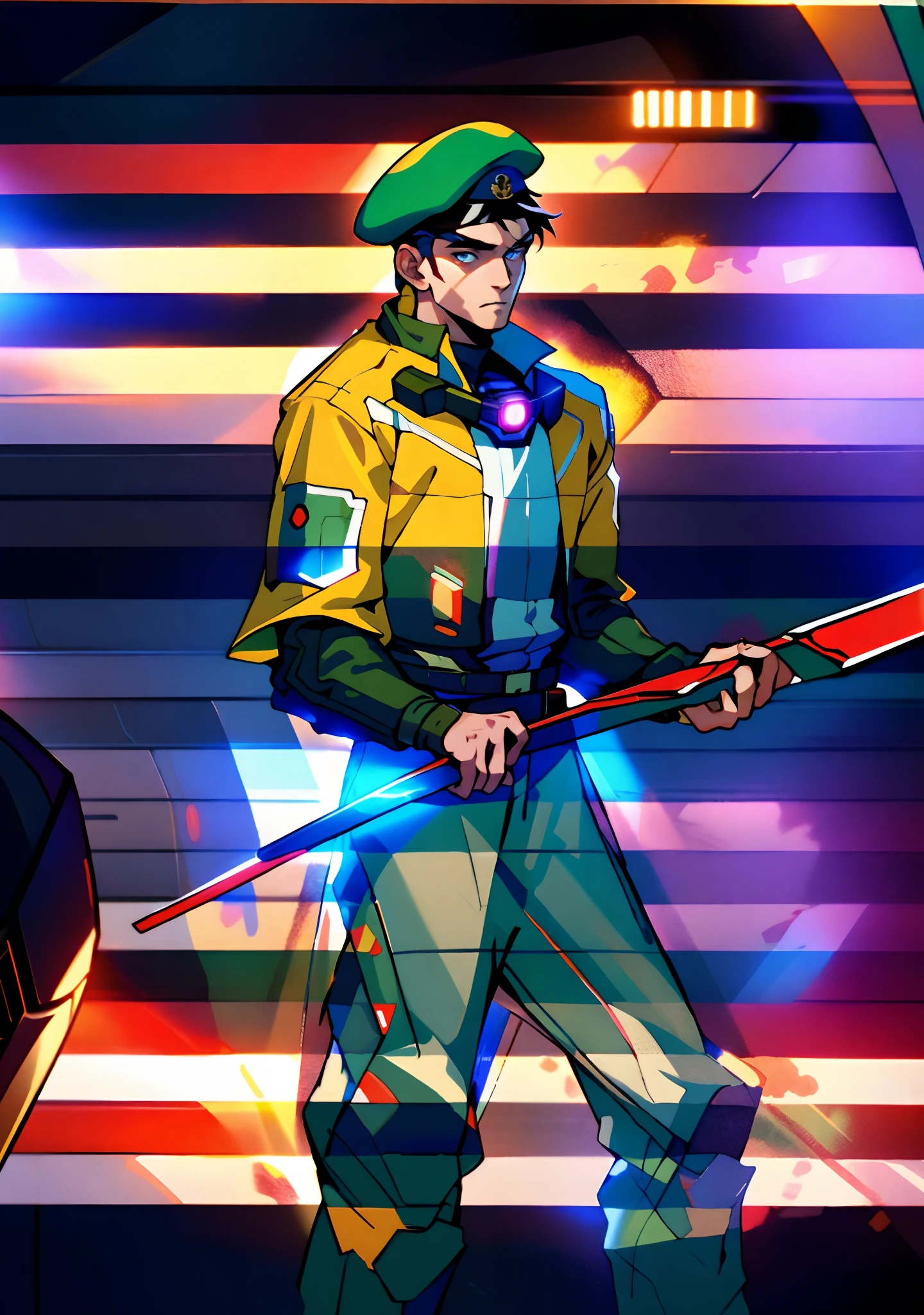 1 man, a man with black short hair, a beret on his head, icy and resolute eyes, a refined face, no expression, wears a two-piece futuristic military-style outfit, tall and slender, wears a light-colored Chinese-style undershirt, a short cape, primarily in shades of green and white, accented by touches of red and yellow, wears dark pants, holds a futuristic-style long metal rod in his hands, set within the futuristic sci-fi atmosphere of a spaceship, this character embodies a finely crafted a futuristic sci-fi military officer in anime style, characterized by an exquisite and mature manga illustration art style, high definition, best quality, highres, ultra-detailed, ultra-fine painting, extremely delicate, professional, anatomically correct, symmetrical face, extremely detailed eyes and face, high quality eyes, creativity, RAW photo, UHD, 8k, Natural light, cinematic lighting, masterpiece:1.5
