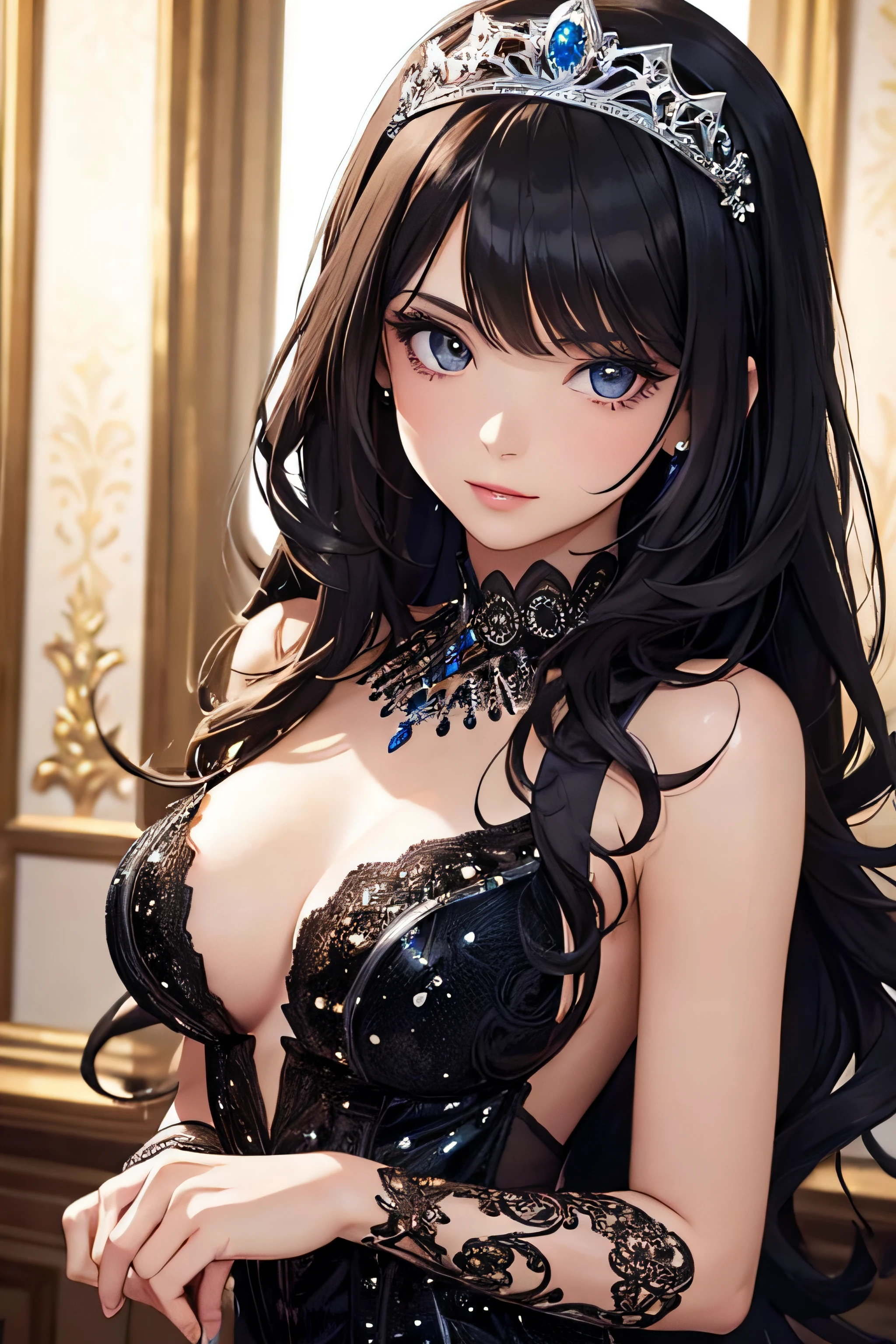 girl with dark dress, tiara, party scenery, flirtatious look, ((very detailed)), (perfectly detailed face), (well detailed hand) photorealistic image.