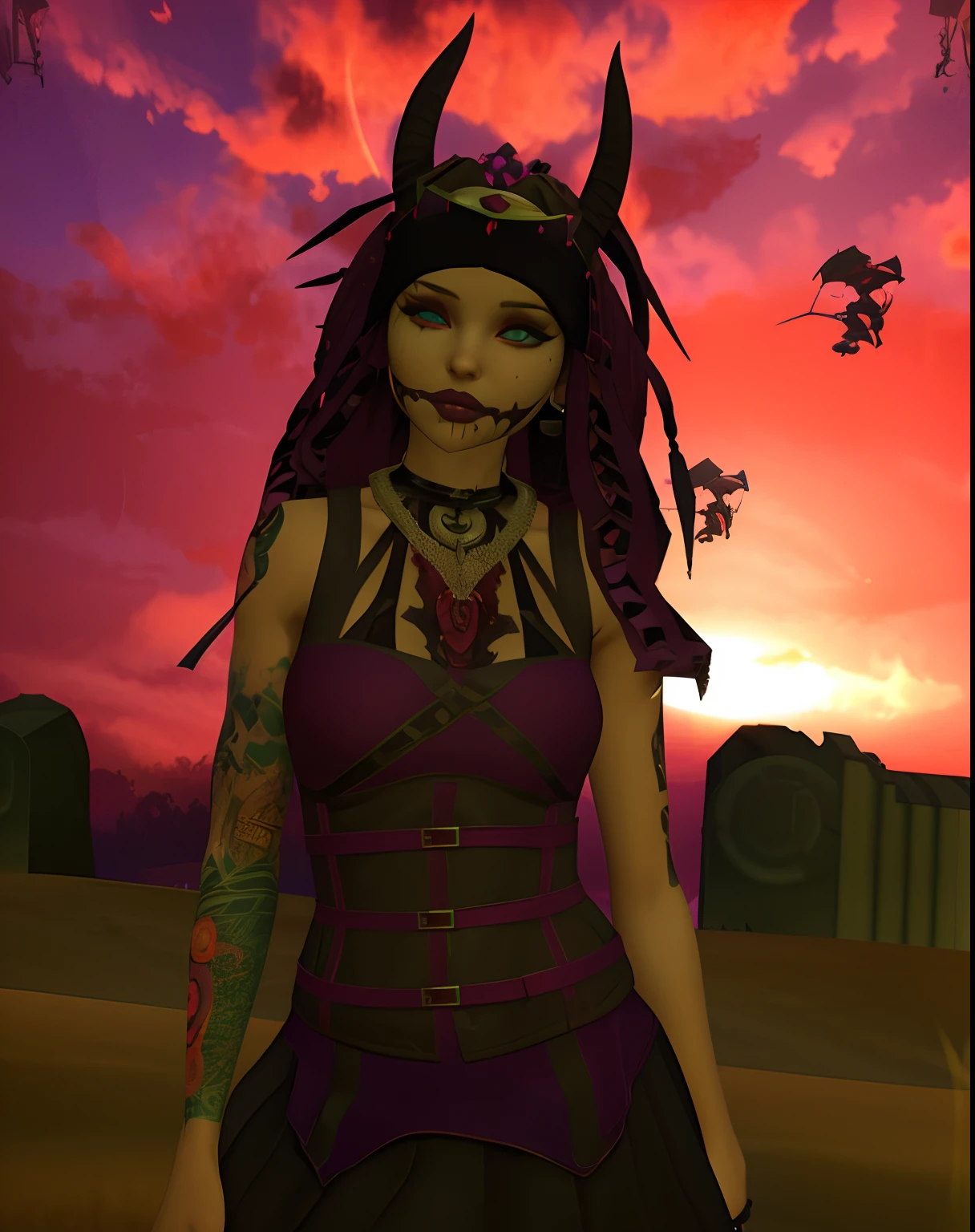 arafed woman with a tattoo and a purple dress in a field, second life avatar, cybergoth, heavenlydaemonic, dressed in crustpunk clothing, evil princess of the wasteland, mall goth, dusk setting, goth girl, at purple sunset, vampire of clan lasombra, inspired by Shukei Sesson, redpink sunset