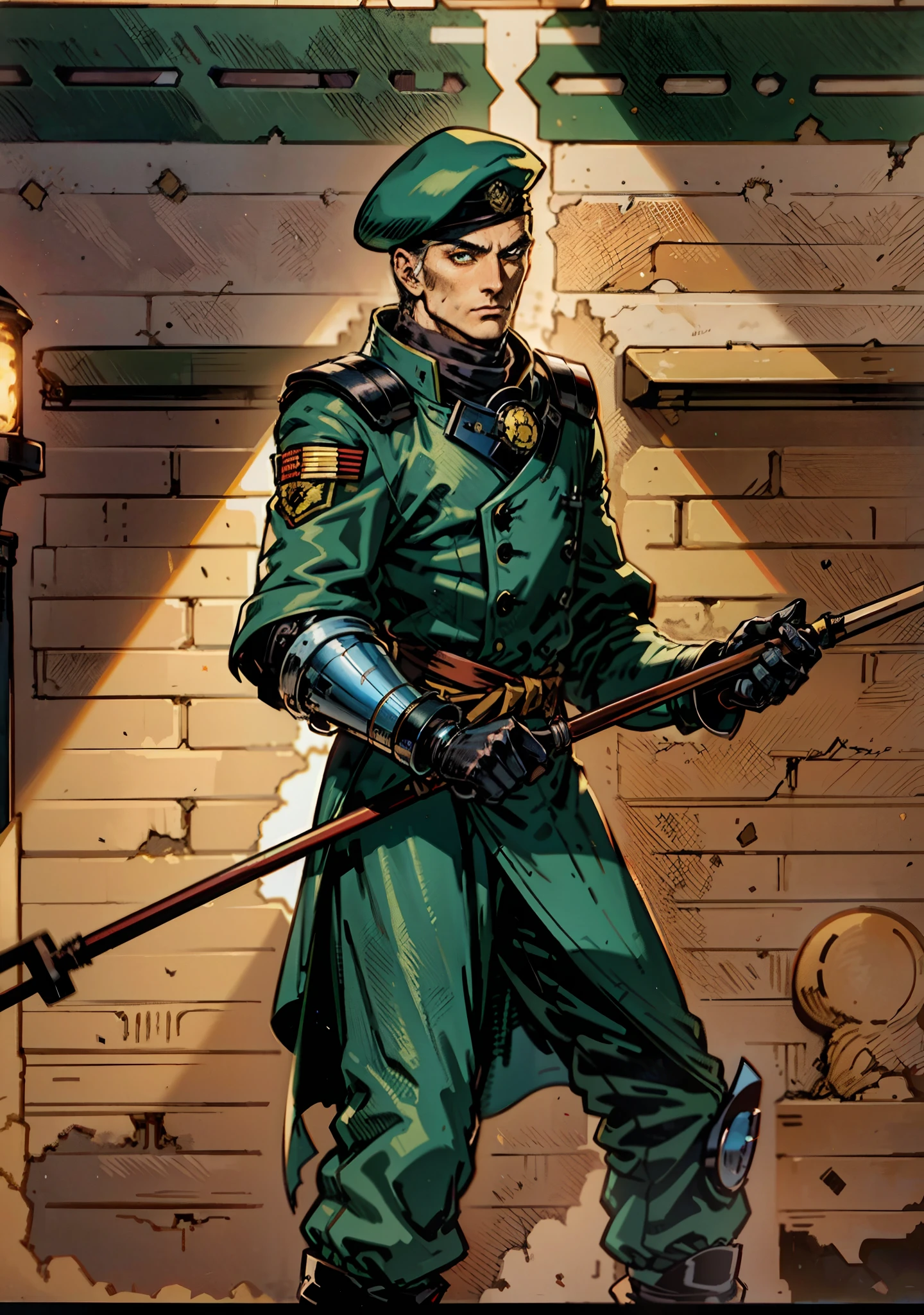 1 man, a man with black short hair, a beret on his head, icy and resolute eyes, a refined face, no expression, wears a two-piece futuristic military-style outfit, tall and slender, wears a light-colored Chinese-style undershirt, a short cape, primarily in shades of green and white, accented by touches of red and yellow, wears dark pants, holds a futuristic-style long metal rod in his hands, set within the futuristic sci-fi atmosphere of a spaceship, this character embodies a finely crafted a futuristic sci-fi military officer in anime style, characterized by an exquisite and mature manga illustration art style, high definition, best quality, highres, ultra-detailed, ultra-fine painting, extremely delicate, professional, anatomically correct, symmetrical face, extremely detailed eyes and face, high quality eyes, creativity, RAW photo, UHD, 8k, Natural light, cinematic lighting, masterpiece:1.5