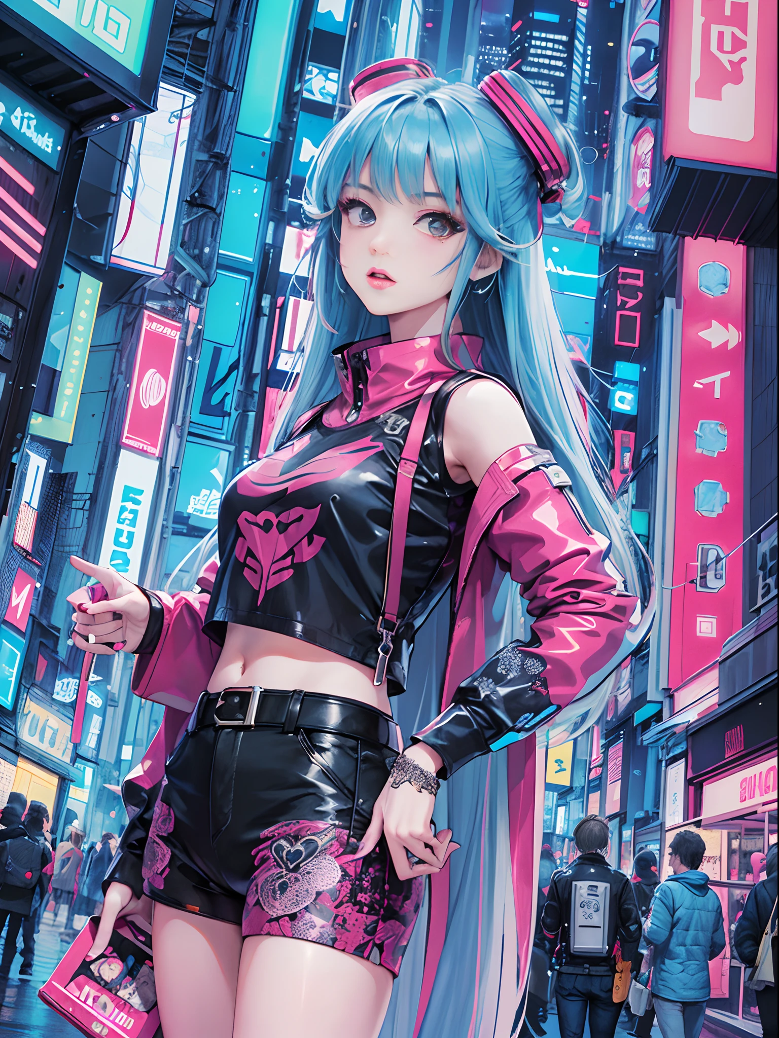 An anime illustration of a cyberpunk girl, looking at viewer, cowboy shot, confident cyberpunk girl with sassy expression, ((Harajuku-inspired pop outfit)), bold colors and patterns, eye-catching accessories, trendy and innovative hairstyle, vibrant makeup, (dynamic pose), futuristic and orderly dazzling Cyberpunk cityscape, skyscrapers, neon signs, glowing LED lights, bright and vivid color scheme, anime, illustration,  (beautiful detailed face), intricate details, ultra detailed.