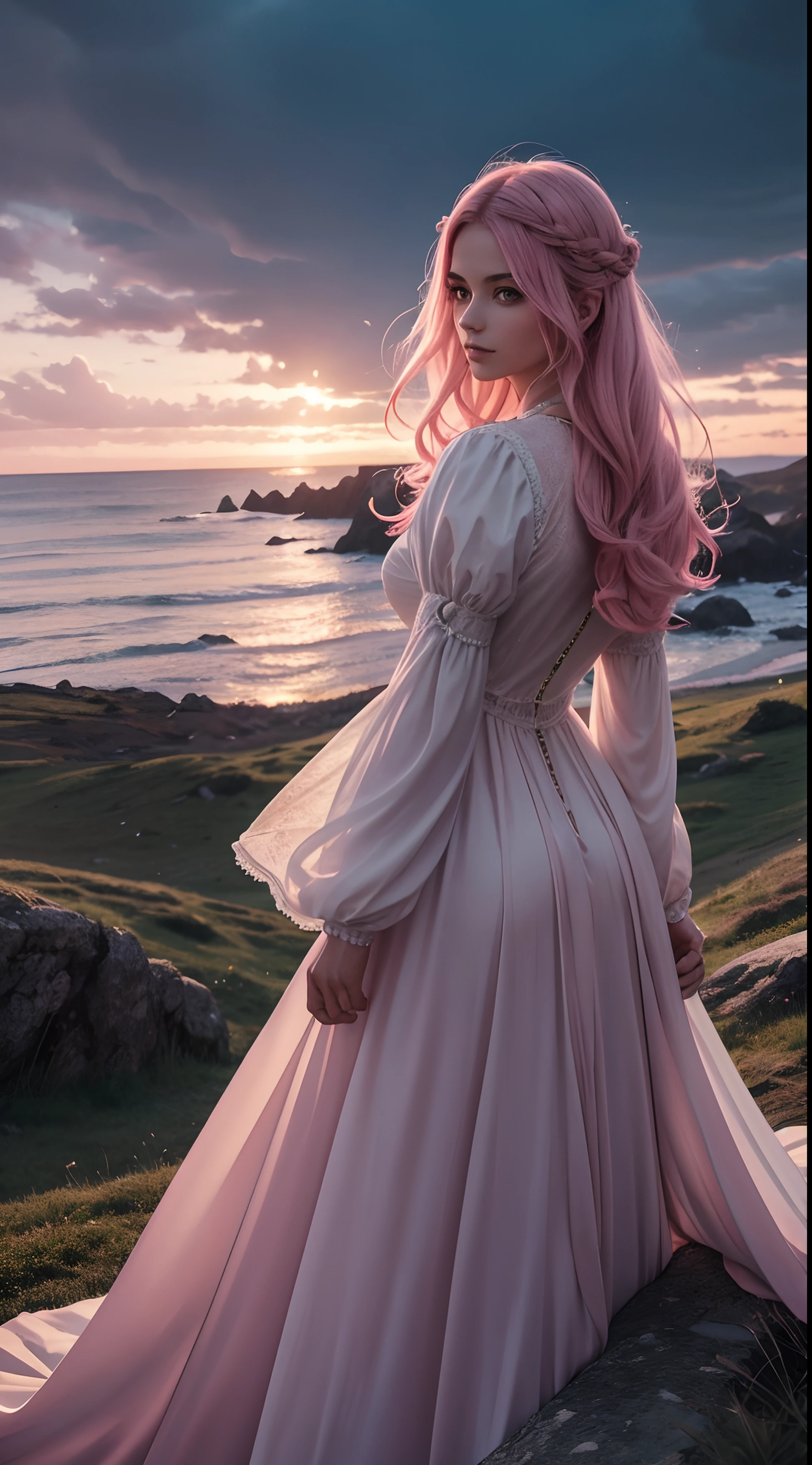 Uma mulher de olhos verdejantes, cabelo rosa. She's standing looking at the horizon. E em um vestido glamouroso. Medieval setting, magia, realista, alta resolução. Dark and magical scenery. qualidade perfeita. The hair is moving because of the wind. Scenery full of pink lights. Escuro. Magic lights doing the lighting. Person away from the camera, no horizonte.