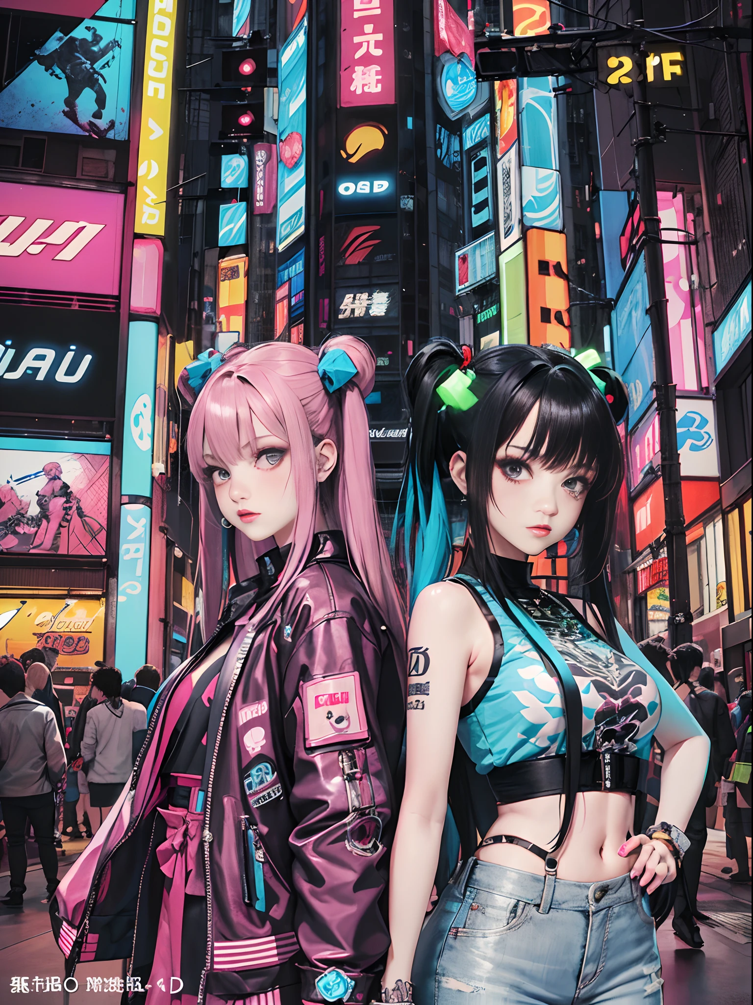 An anime illustration of a cyberpunk girl, looking at viewer, cowboy shot, confident cyberpunk girl with sassy expression, ((Harajuku-inspired pop outfit)), bold colors and patterns, eye-catching accessories, trendy and innovative hairstyle, vibrant makeup, (dynamic pose), futuristic and orderly dazzling Cyberpunk cityscape, skyscrapers, neon signs, glowing LED lights, bright and vivid color scheme, anime, illustration,  (beautiful detailed face), intricate details, ultra detailed.