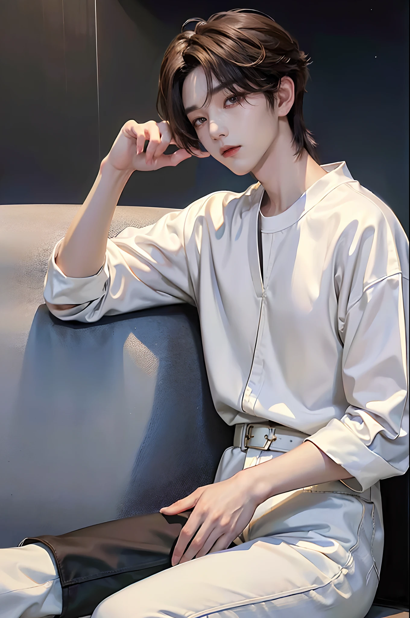 ​masterpiece、（top-quality)、((high-level image quality))、One Manly Boy、Slim body、((White Y-shirt and long black pants))、(Detailed beautiful eyes)、September Night Road、sitting on a curb、Face similar to Chaewon in Ruseraphim、((short hair above the ears))、((Smaller face))、((Neutral face))、((Light brown eyes))、((Korean boy))、((18year old))、((Handsome man))、((Wild look))、((Korean Makeup))、((elongated and sharp eyes))、((Sit next to the viewer))、((shot from a side angle))、((The upper part of the body))、((Close-range shooting))