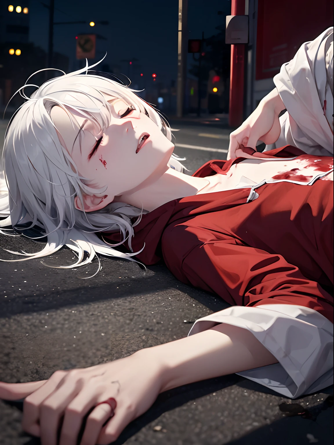 1 boy, lying on the ground, white disheveled hair, eyes closed, blood on his face, white hoodie, blood around, death, died, hit by a car, street, night, road