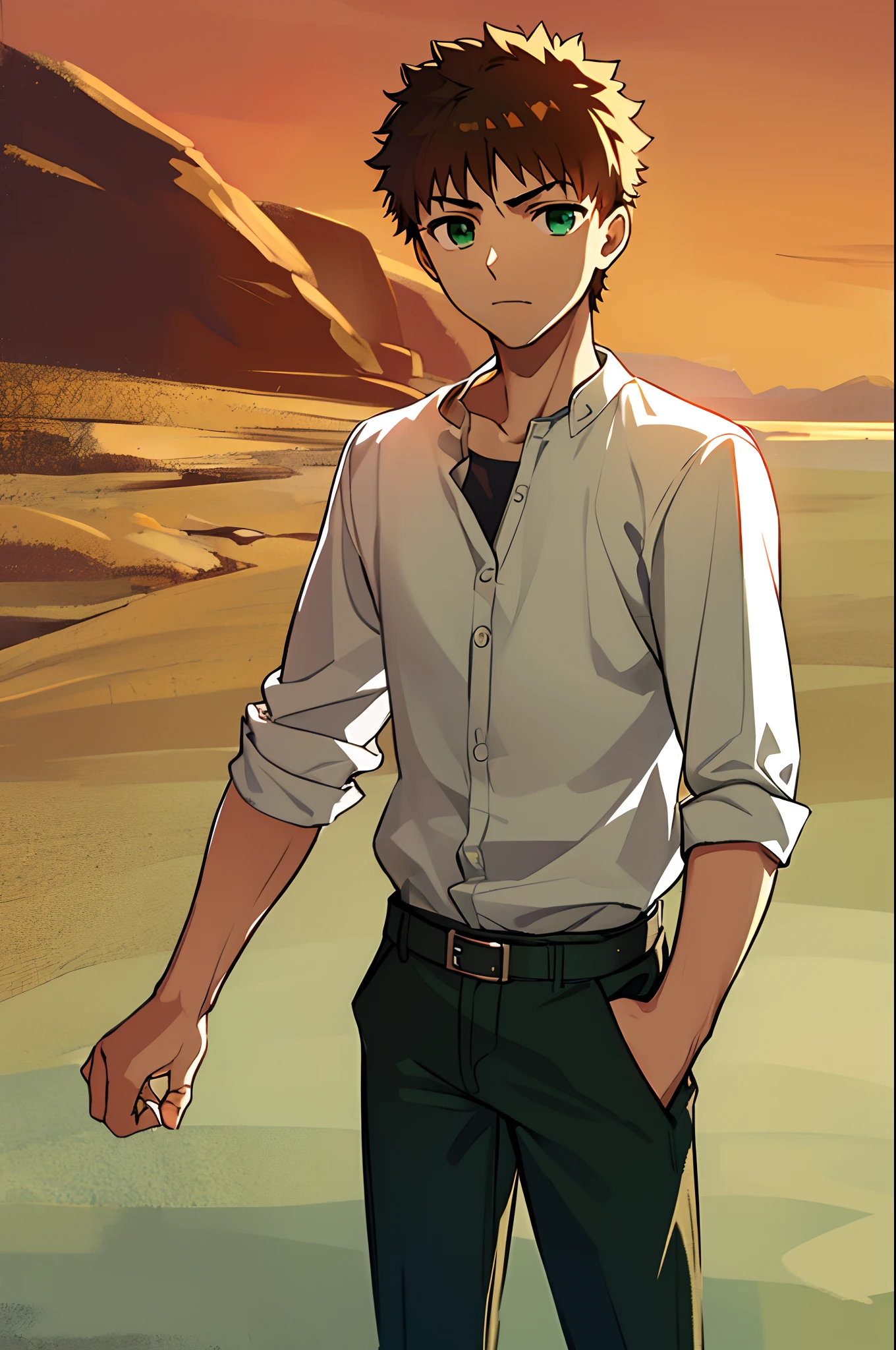 (masterpiece, best quality:1.2), cowboy shot, solo, male focus, 1boy, emiya shirou, expressionless, closed mouth, looking at viewer, hand in pocket, shirt, pants, flipflops,, * green eyes